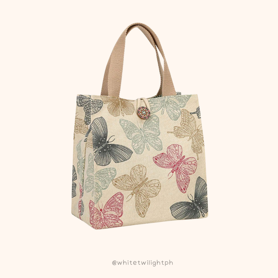 WTP Cute Canvas Lunch Bag, Butterfly Pattern, Canvas Hand-held Student Lunch Box, Bento Storage, Butterfly Print with Buckle, Small Capacity Carrying Bag