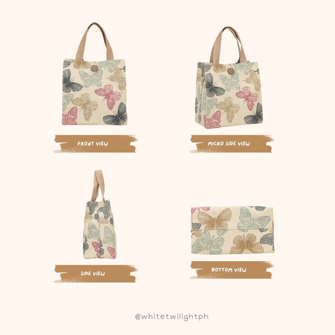 WTP Cute Canvas Lunch Bag, Butterfly Pattern, Canvas Hand-held Student Lunch Box, Bento Storage, Butterfly Print with Buckle, Small Capacity Carrying Bag