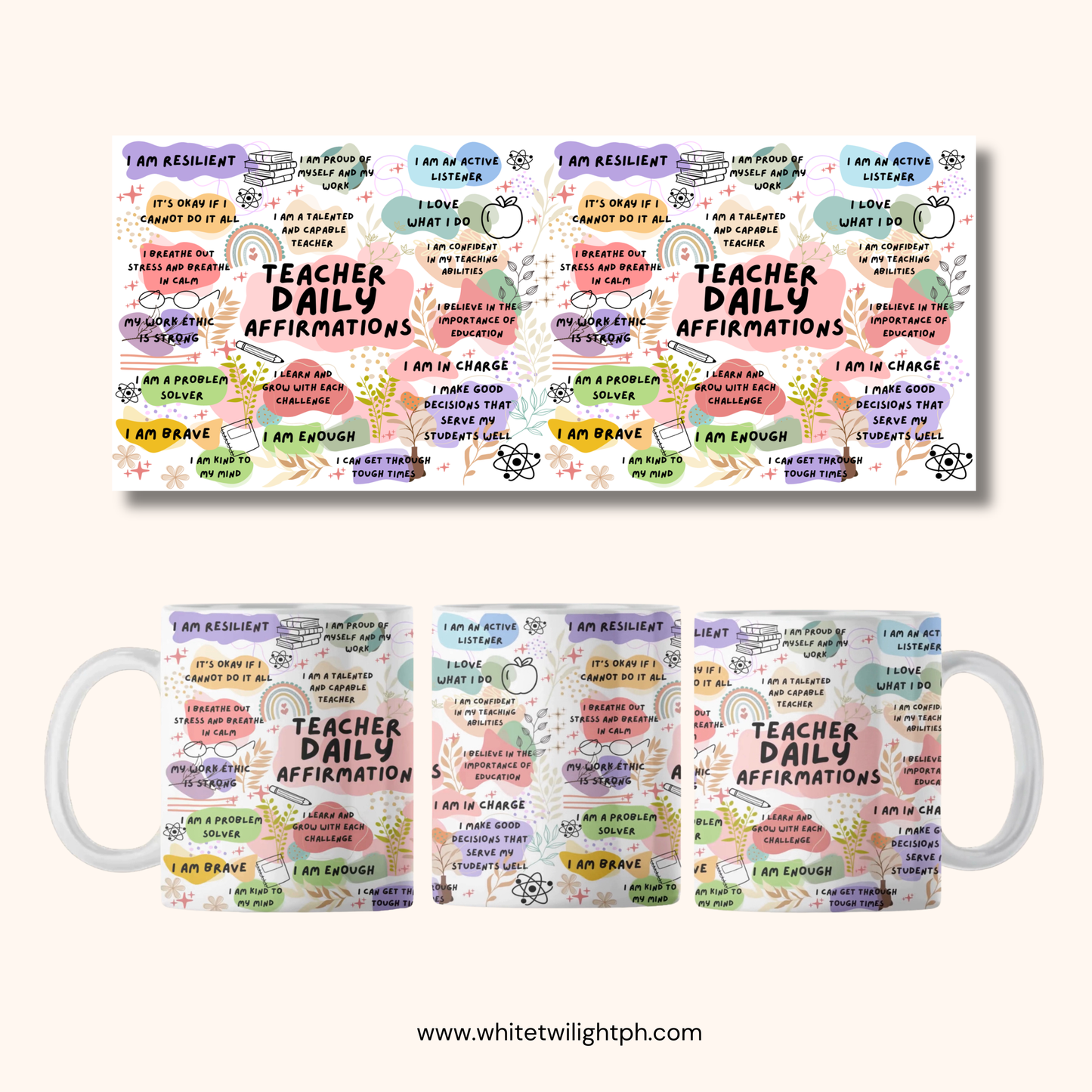 WTP Teacher Daily Affirmations Mug, 11 oz | Inspirational Ceramic Coffee Cup for Educators, Positive Quotes & Self-Care Gift for Teachers, 11 oz