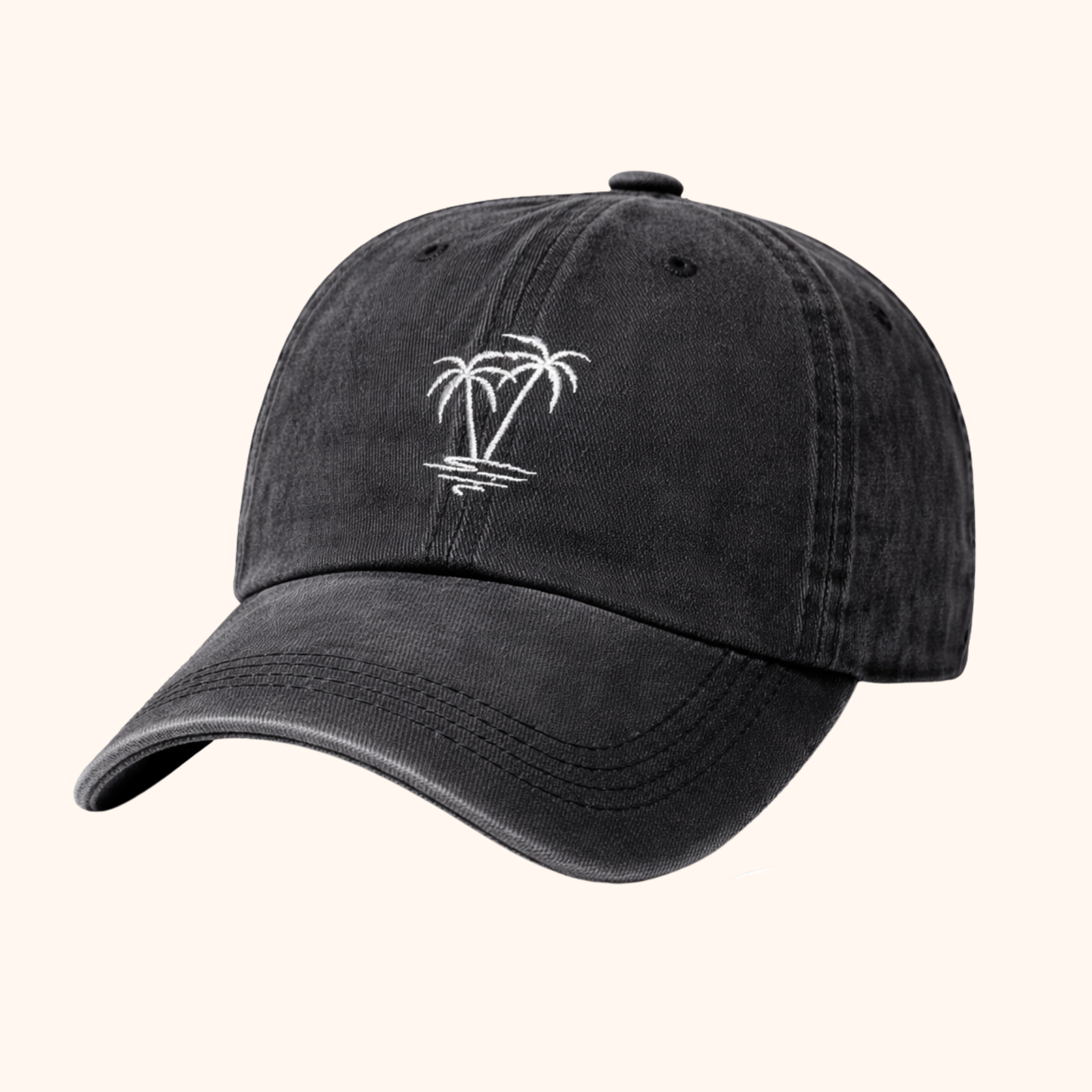 White Twilight PH Washed Palm Tree Embroidered Baseball Cap – Unisex Vintage Style Adjustable Hat for Outdoor, Travel, Beach & Daily Wear