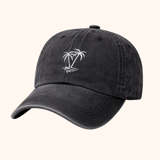 White Twilight PH Washed Palm Tree Embroidered Baseball Cap – Unisex Vintage Style Adjustable Hat for Outdoor, Travel, Beach & Daily Wear