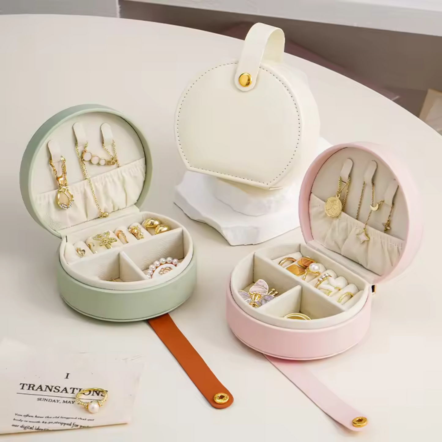 WTP Elegant Jewelry Box - Premium PU Leather Storage with Handle - Compact & Secure for Travel - Available in Pink, Green, and White