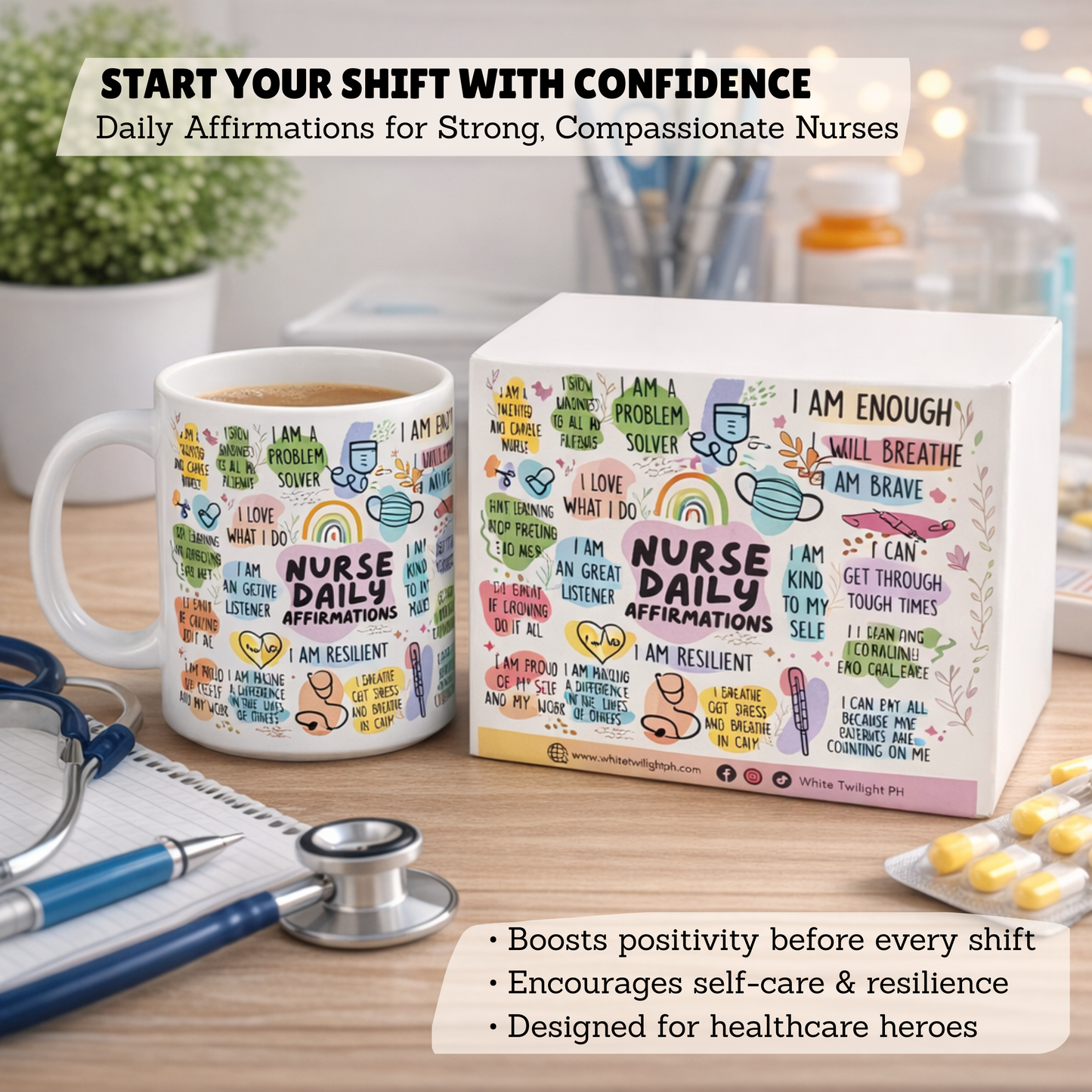 WTP Nurse Daily Affirmations Mug, 11 oz | Inspirational Ceramic Coffee Cup for Nurses, Positive Quotes & Self-Care Gift for Healthcare Heroes