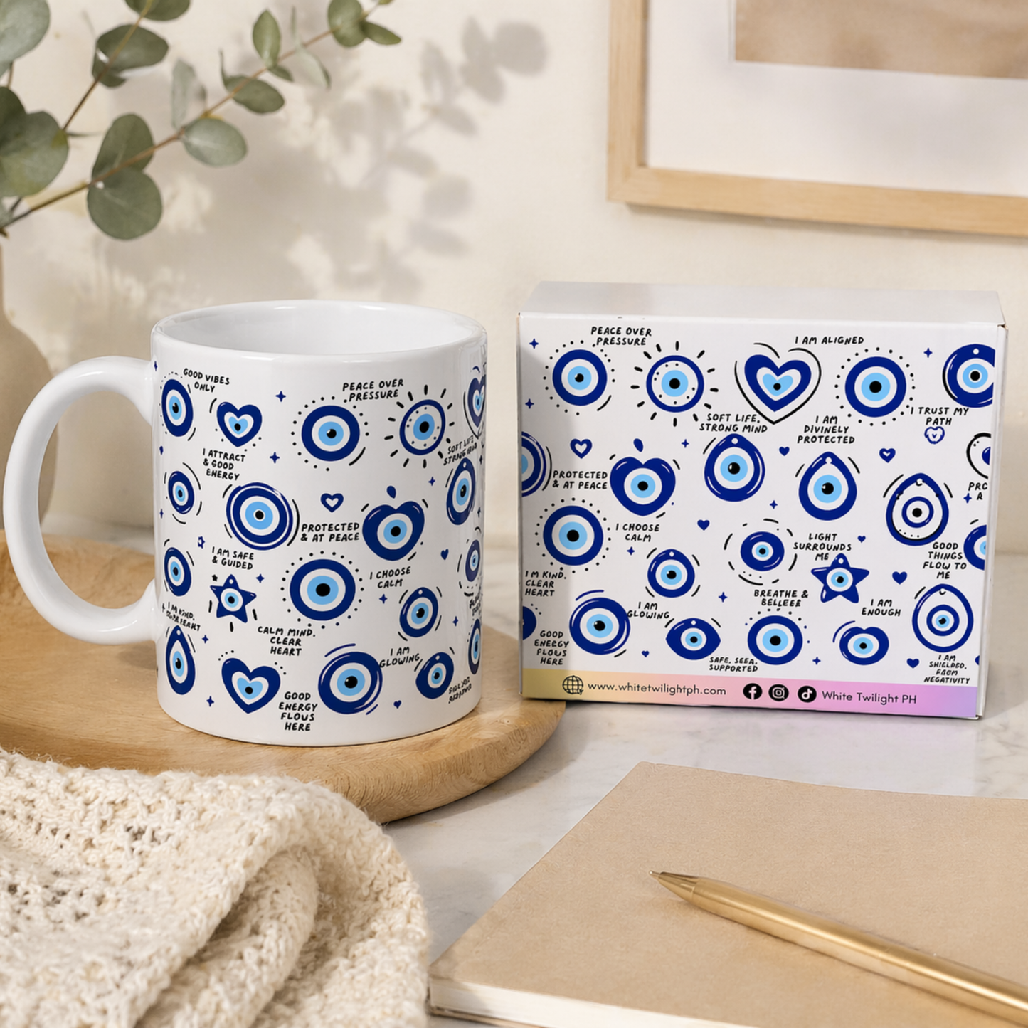 WTP Evil Eye Coffee Mug – Affirmation Mug for Positive Energy, Protection & Mindfulness, Ceramic Inspirational Cup, 11oz