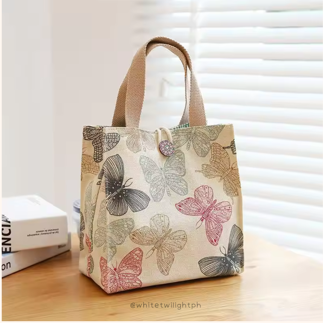 WTP Cute Canvas Lunch Bag, Butterfly Pattern, Canvas Hand-held Student Lunch Box, Bento Storage, Butterfly Print with Buckle, Small Capacity Carrying Bag