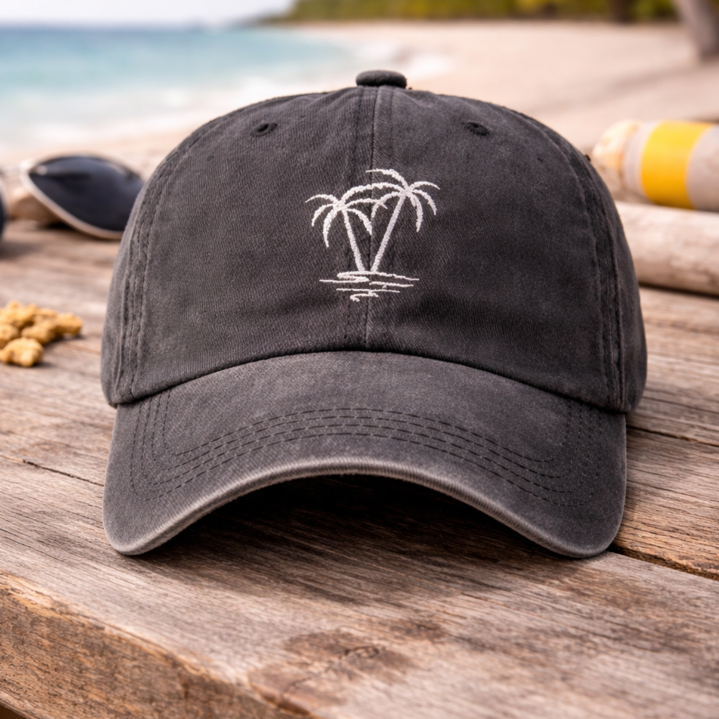 White Twilight PH Washed Palm Tree Embroidered Baseball Cap – Unisex Vintage Style Adjustable Hat for Outdoor, Travel, Beach & Daily Wear