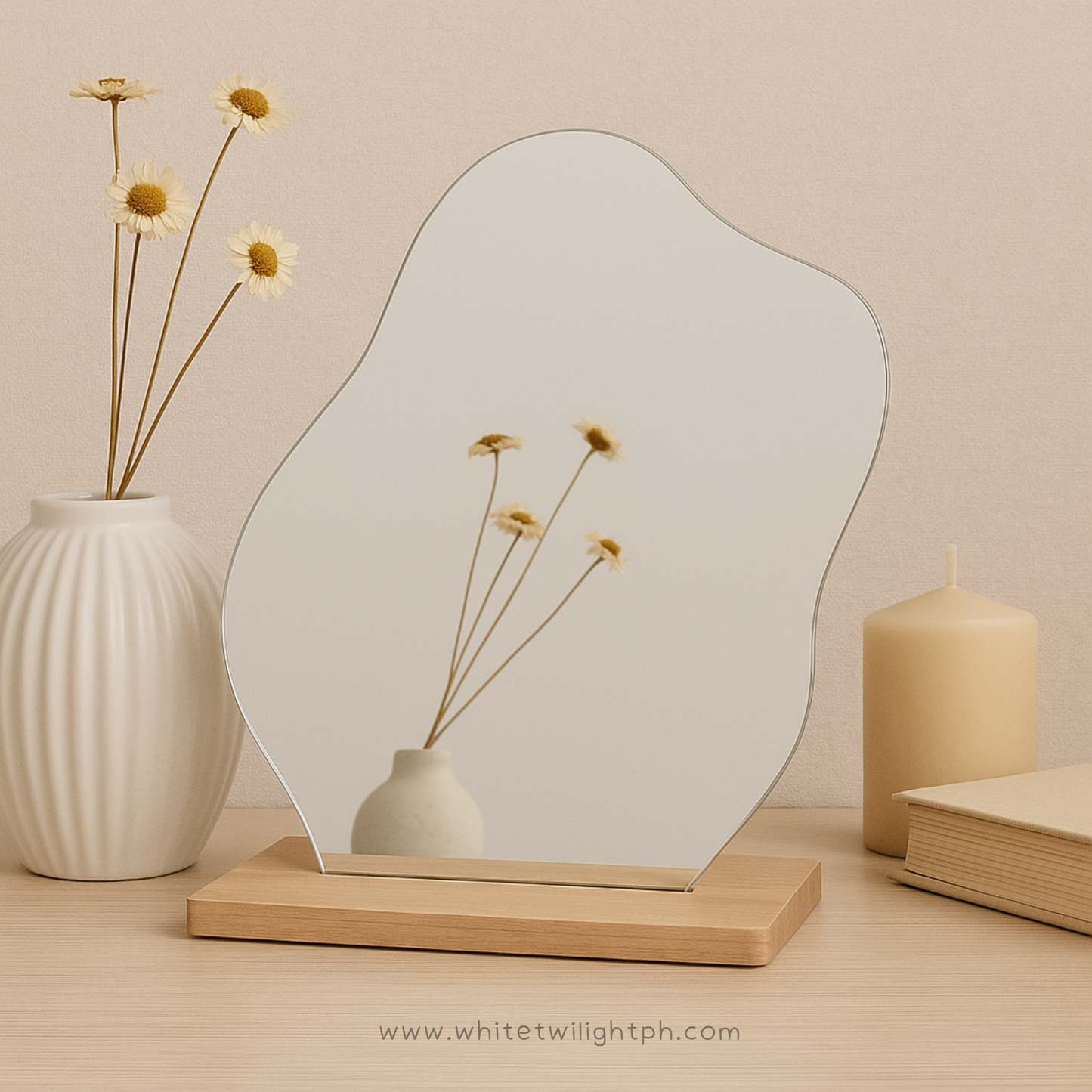 WTP Acrylic Makeup Mirror for Desk with Stand – Aesthetic Vanity Mirror Frameless Tabletop for Bedroom, Living Room & Minimal Spaces Room Decor