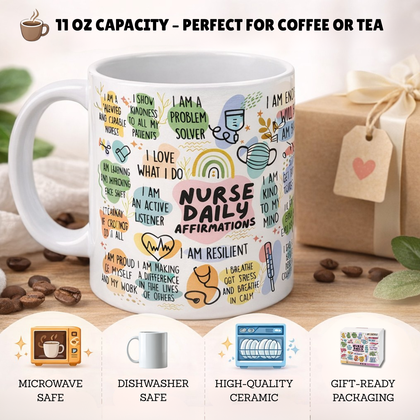 WTP Nurse Daily Affirmations Mug, 11 oz | Inspirational Ceramic Coffee Cup for Nurses, Positive Quotes & Self-Care Gift for Healthcare Heroes