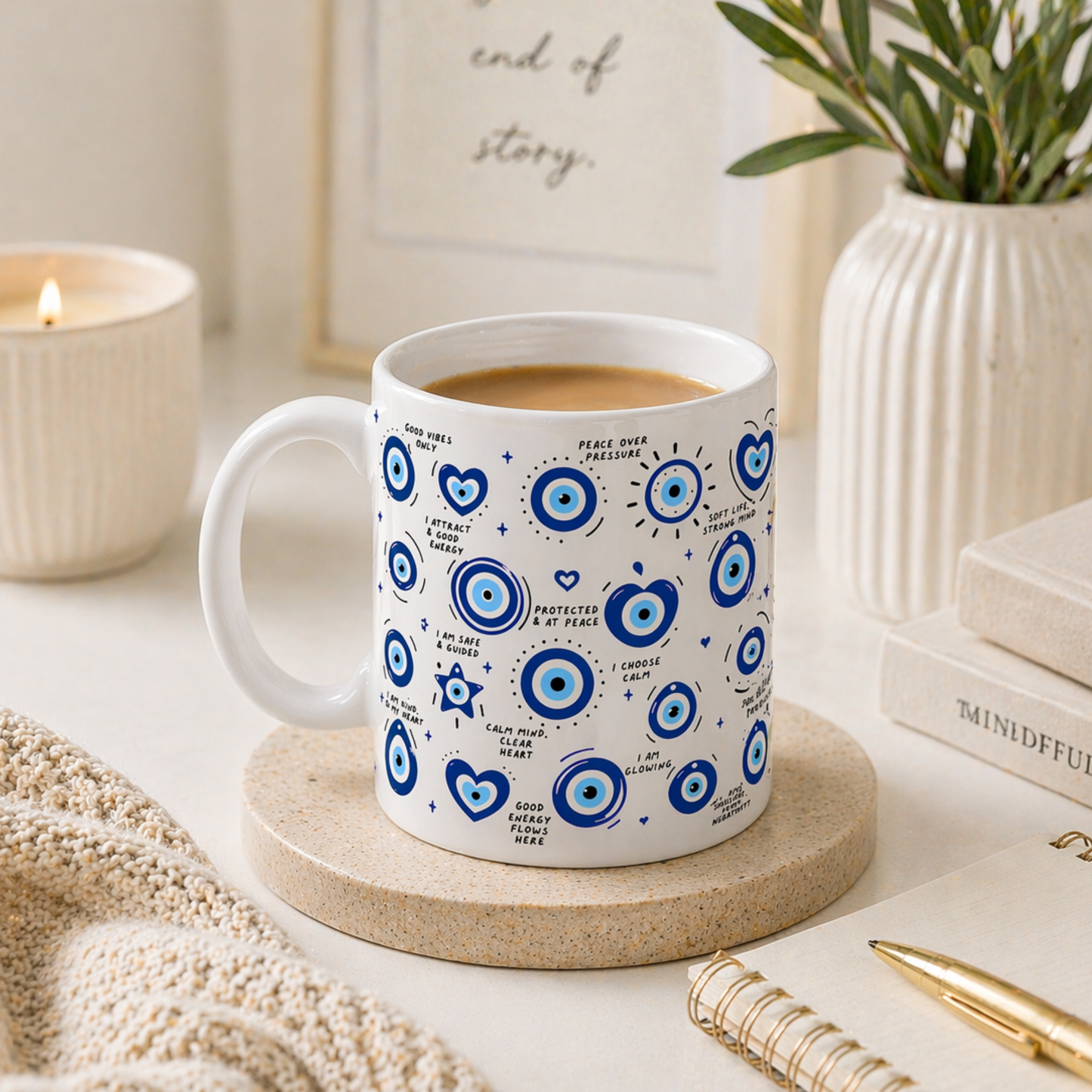 WTP Evil Eye Coffee Mug – Affirmation Mug for Positive Energy, Protection & Mindfulness, Ceramic Inspirational Cup, 11oz