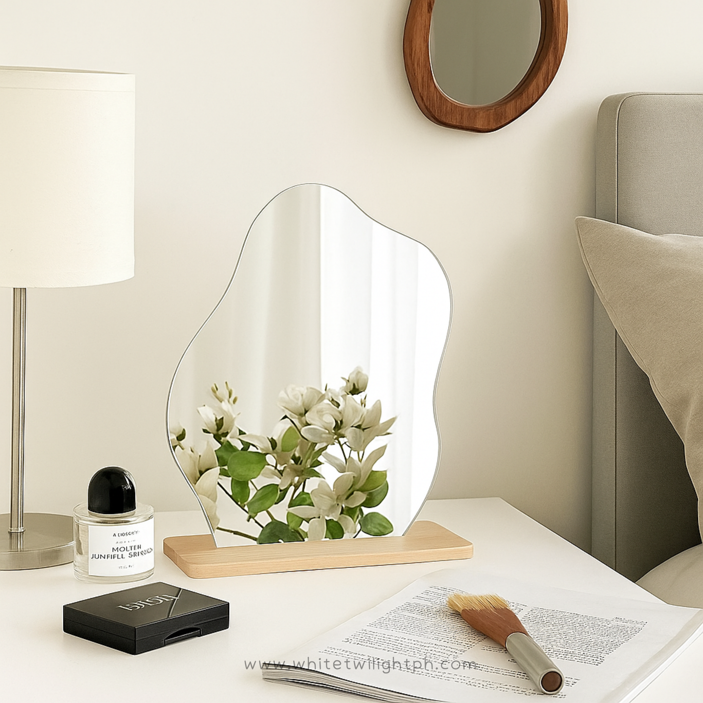 WTP Acrylic Makeup Mirror for Desk with Stand – Aesthetic Vanity Mirror Frameless Tabletop for Bedroom, Living Room & Minimal Spaces Room Decor