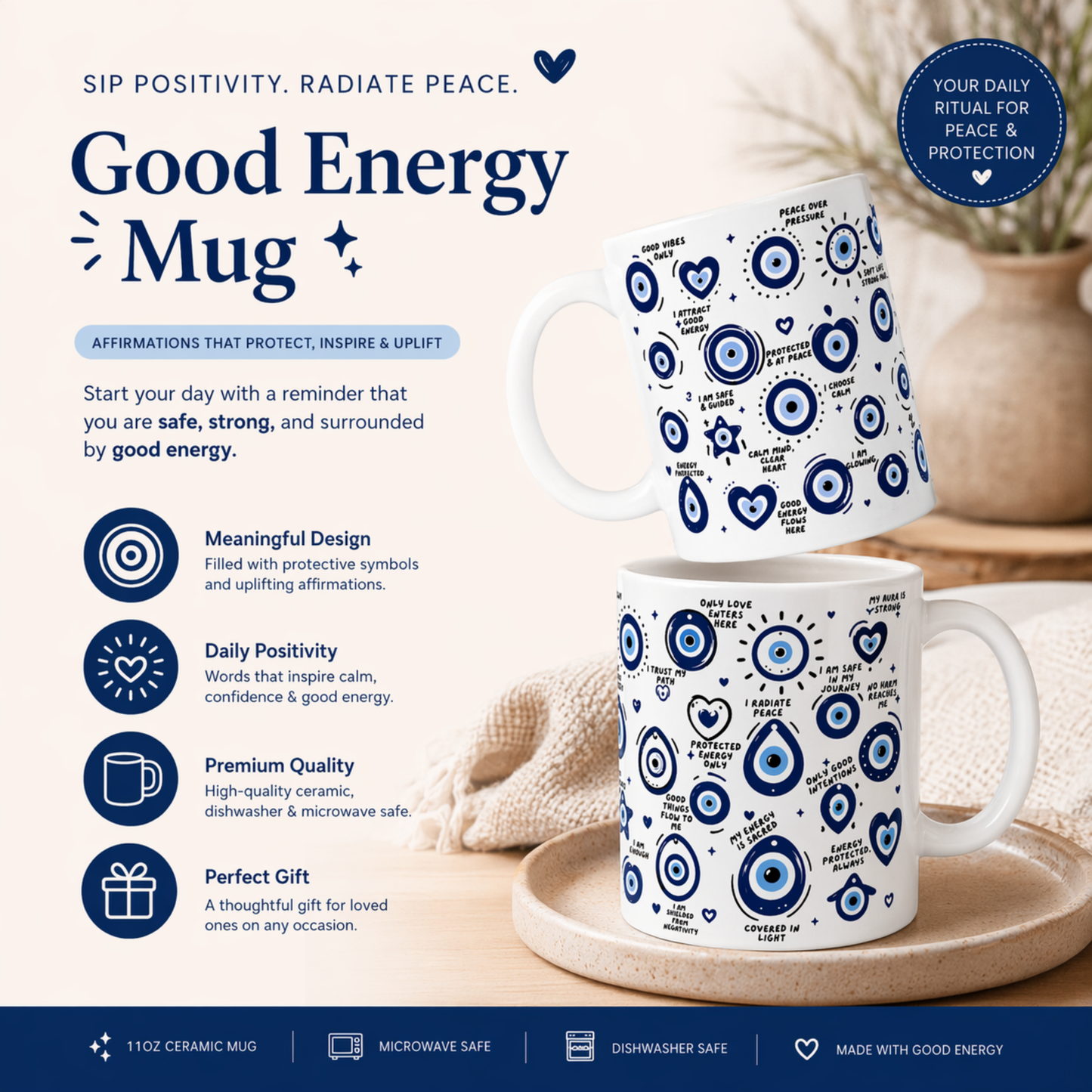 WTP Evil Eye Coffee Mug – Affirmation Mug for Positive Energy, Protection & Mindfulness, Ceramic Inspirational Cup, 11oz