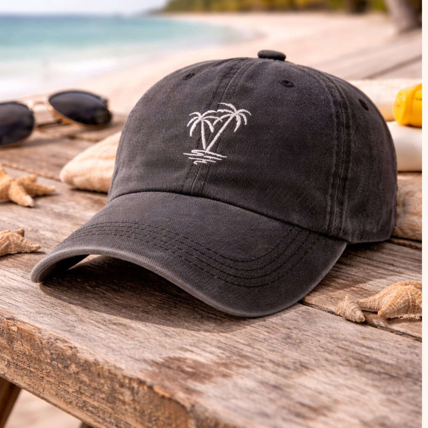 White Twilight PH Washed Palm Tree Embroidered Baseball Cap – Unisex Vintage Style Adjustable Hat for Outdoor, Travel, Beach & Daily Wear