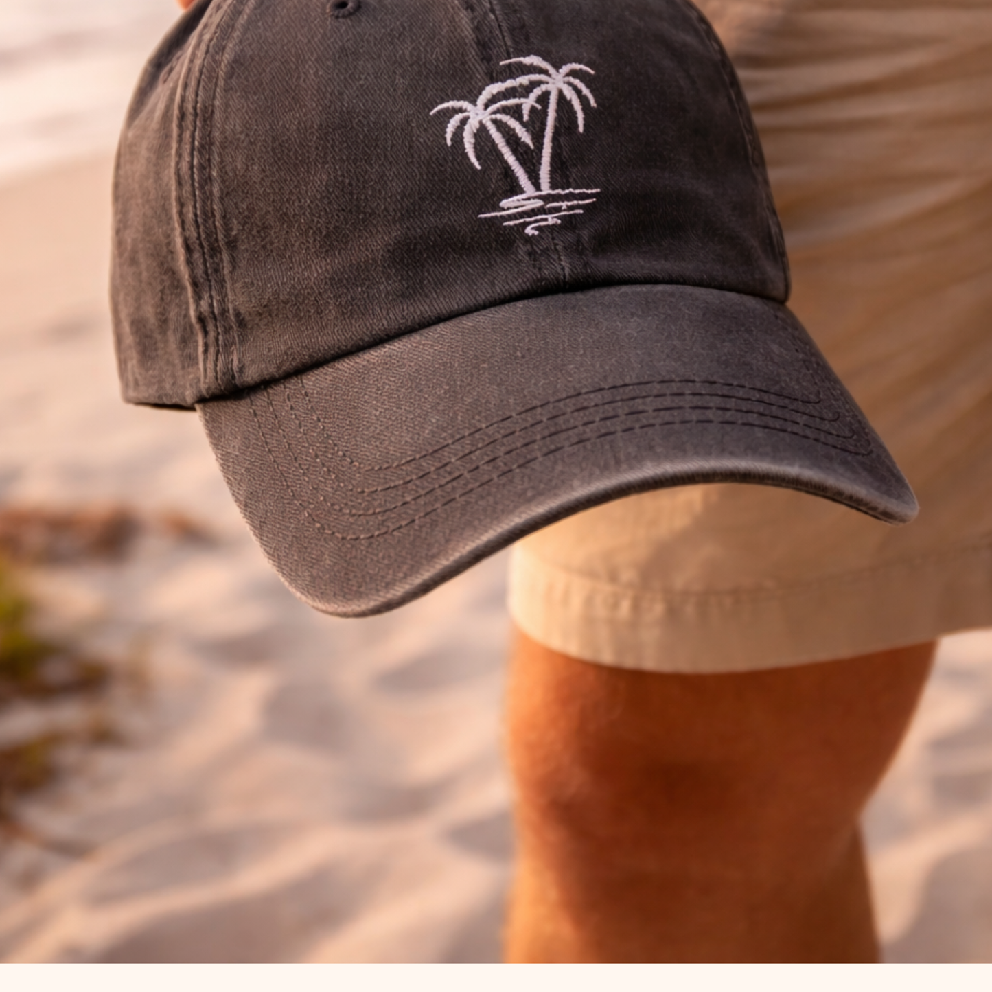 White Twilight PH Washed Palm Tree Embroidered Baseball Cap – Unisex Vintage Style Adjustable Hat for Outdoor, Travel, Beach & Daily Wear