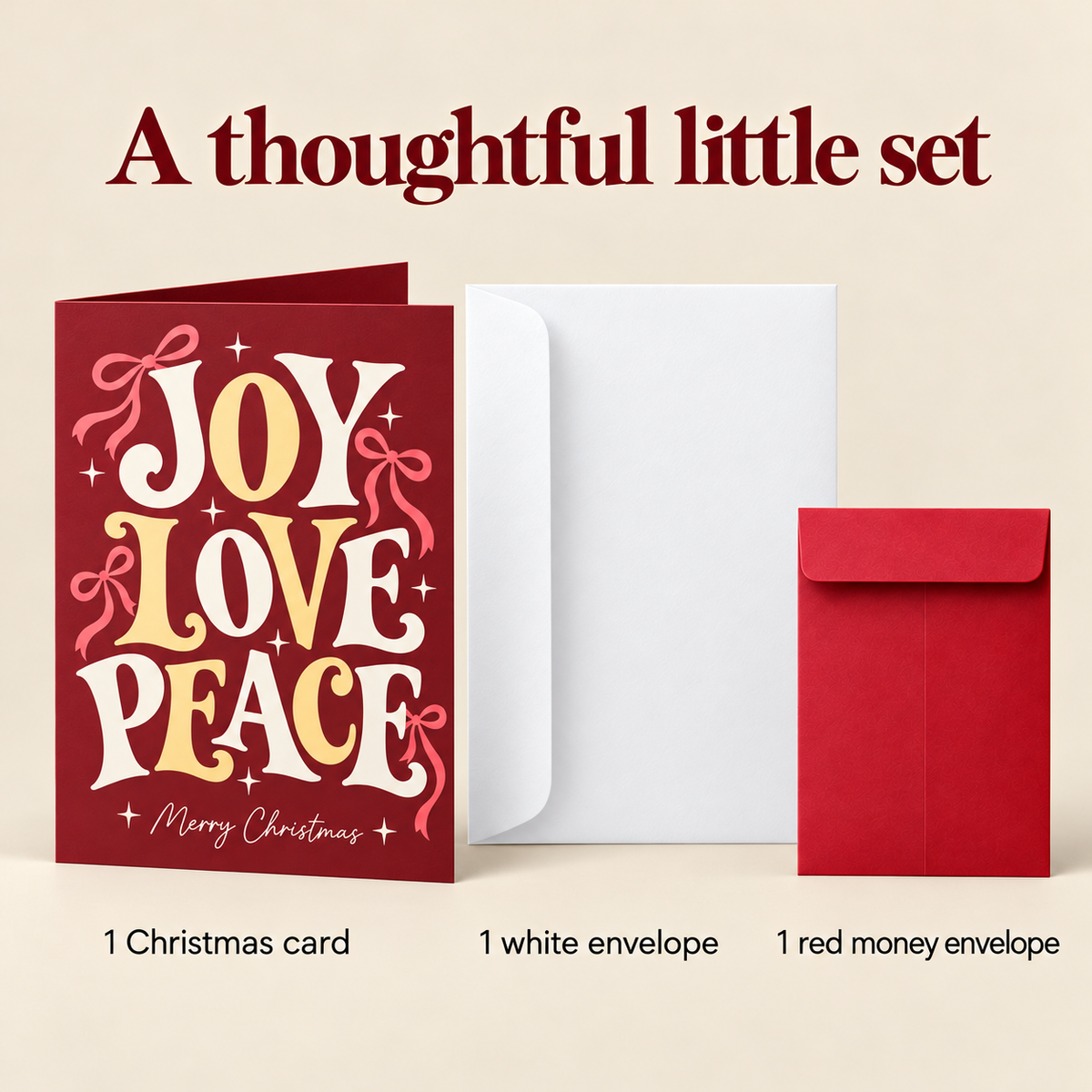 White Twilight PH Christmas Greeting Card with White Envelope and Red Money Envelope, Joy Love Peace Design, Blank Message Space, 4.13 x 5.83 Inches, 1 Set