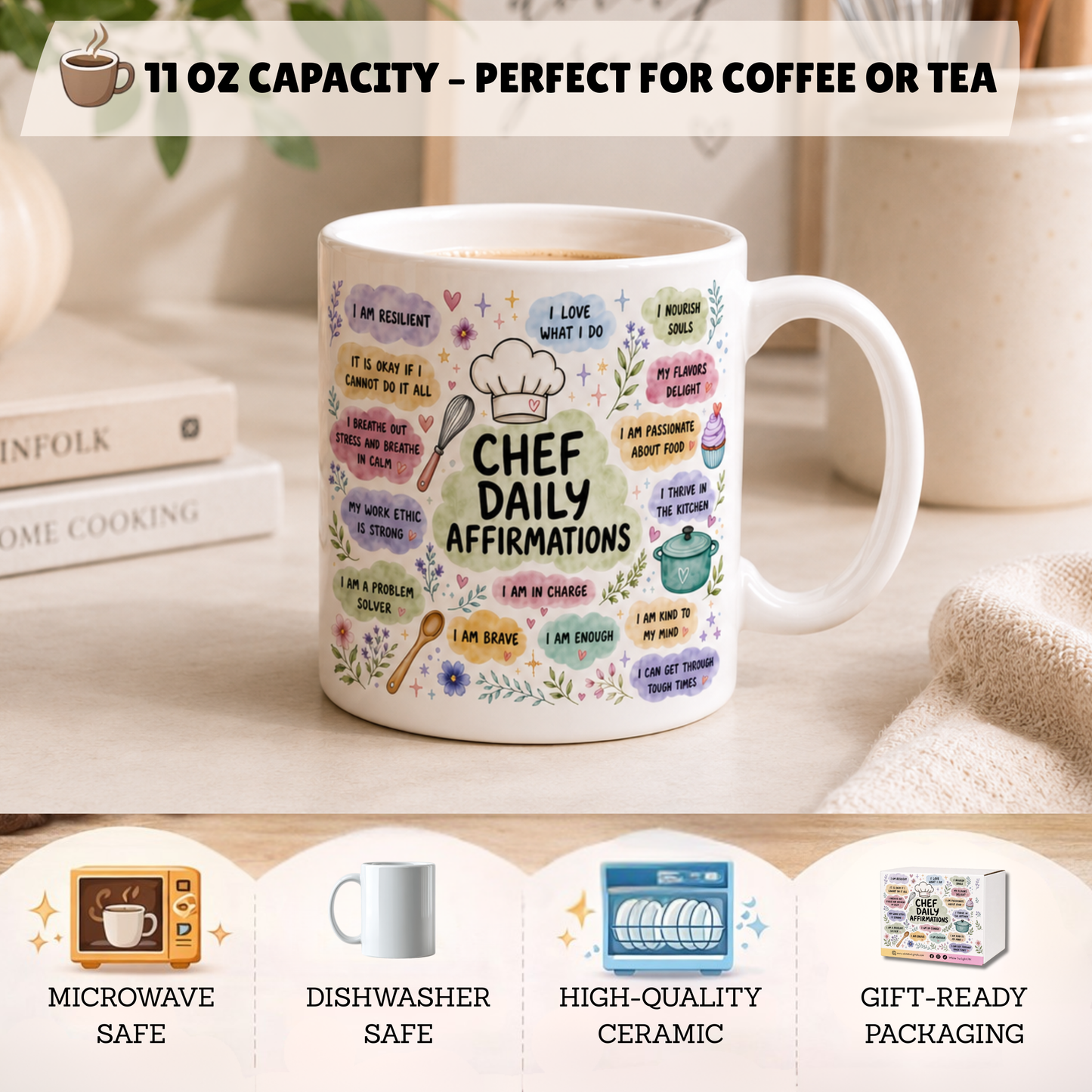WTP Chef Daily Affirmations Mug – 11 oz Ceramic Coffee Mug for Chefs | Inspirational Gift for Kitchen Lovers | Positive Daily Affirmation Cup | Microwave & Dishwasher Safe