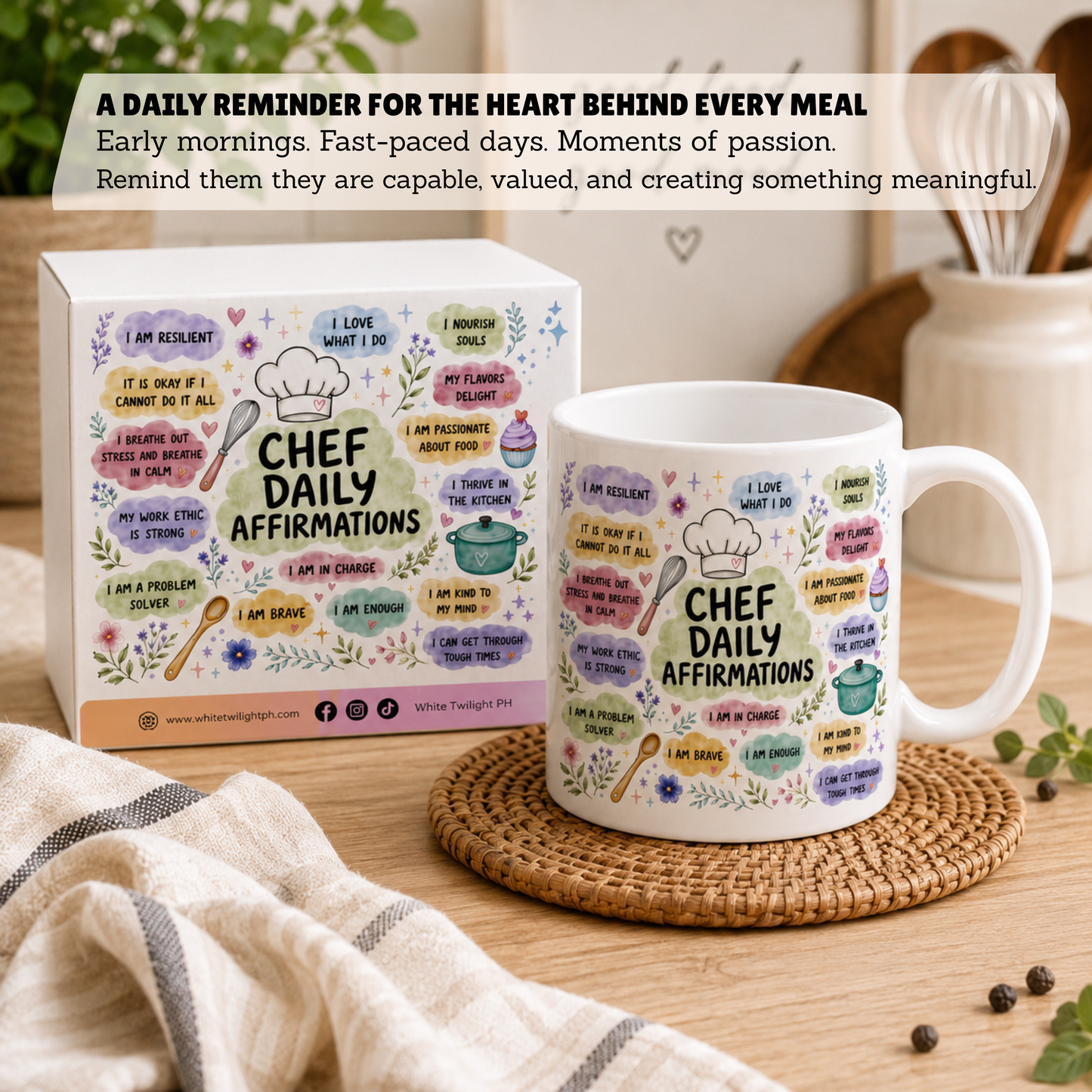WTP Chef Daily Affirmations Mug – 11 oz Ceramic Coffee Mug for Chefs | Inspirational Gift for Kitchen Lovers | Positive Daily Affirmation Cup | Microwave & Dishwasher Safe