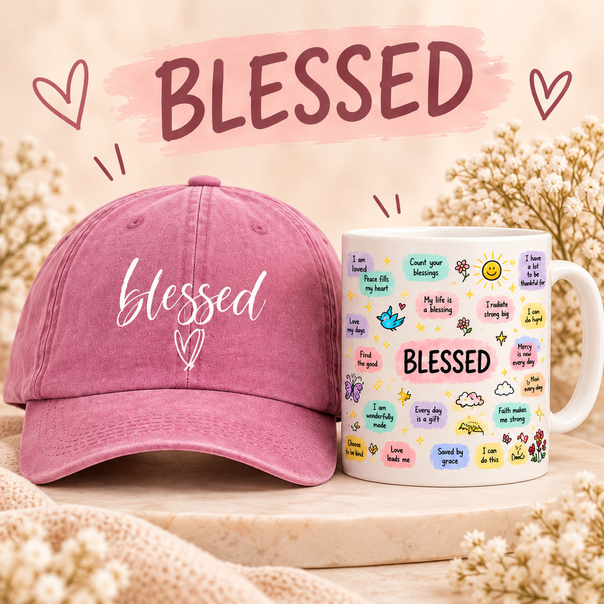 White Twilight PH Blessed Cap and Mug Gift Set for Women – Pink Adjustable Printed Baseball Cap with 11 oz Affirmation Ceramic Mug – Inspirational Christian Gift for Birthday, Christmas, Friends & Loved Ones