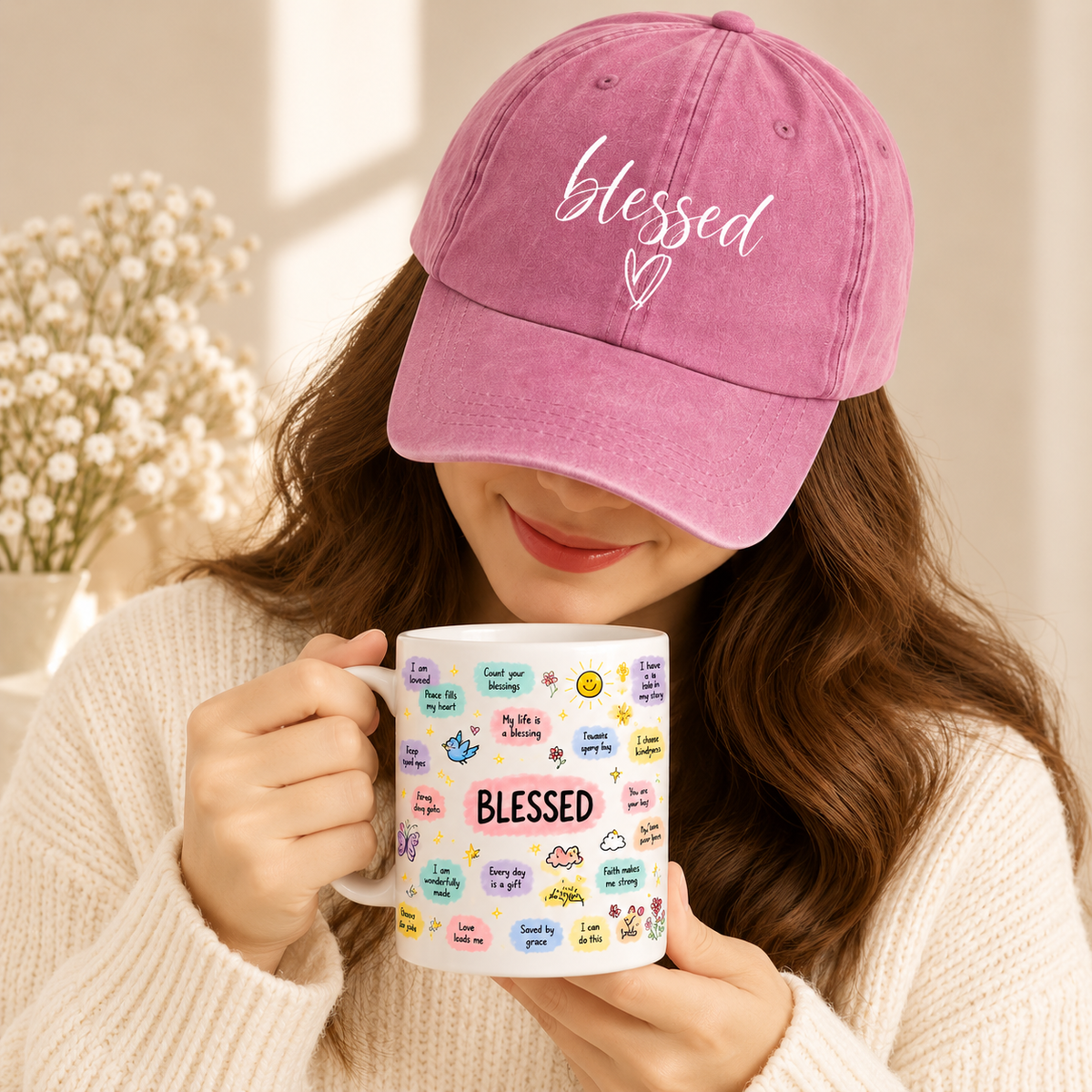 White Twilight PH Blessed Cap and Mug Gift Set for Women – Pink Adjustable Printed Baseball Cap with 11 oz Affirmation Ceramic Mug – Inspirational Christian Gift for Birthday, Christmas, Friends & Loved Ones