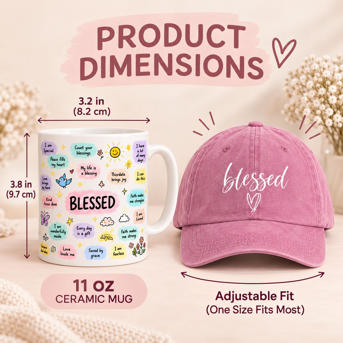 White Twilight PH Blessed Cap and Mug Gift Set for Women – Pink Adjustable Printed Baseball Cap with 11 oz Affirmation Ceramic Mug – Inspirational Christian Gift for Birthday, Christmas, Friends & Loved Ones