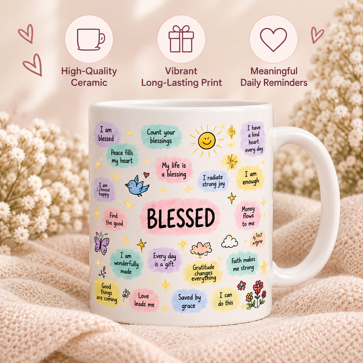 White Twilight PH Blessed Cap and Mug Gift Set for Women – Pink Adjustable Printed Baseball Cap with 11 oz Affirmation Ceramic Mug – Inspirational Christian Gift for Birthday, Christmas, Friends & Loved Ones