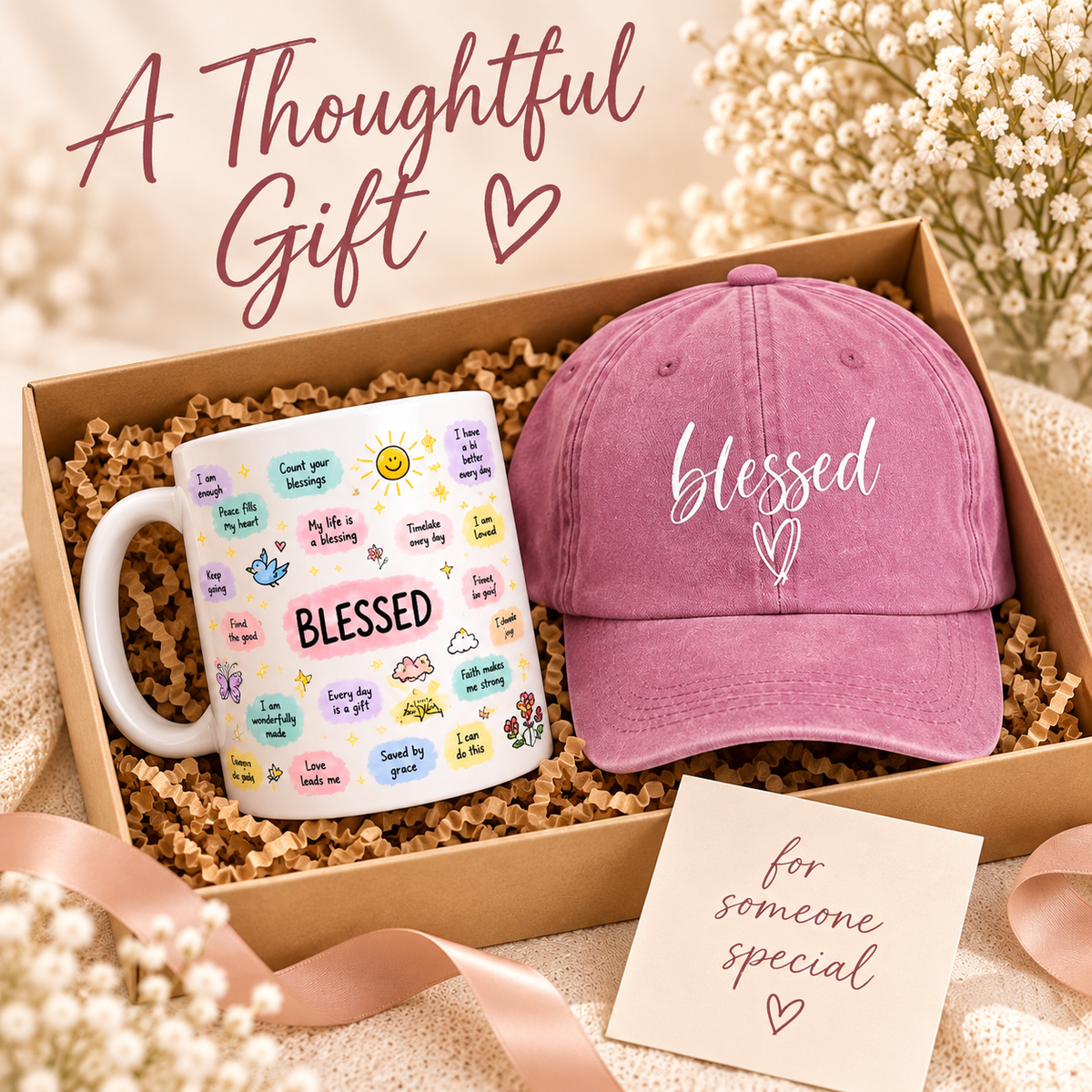 White Twilight PH Blessed Cap and Mug Gift Set for Women – Pink Adjustable Printed Baseball Cap with 11 oz Affirmation Ceramic Mug – Inspirational Christian Gift for Birthday, Christmas, Friends & Loved Ones