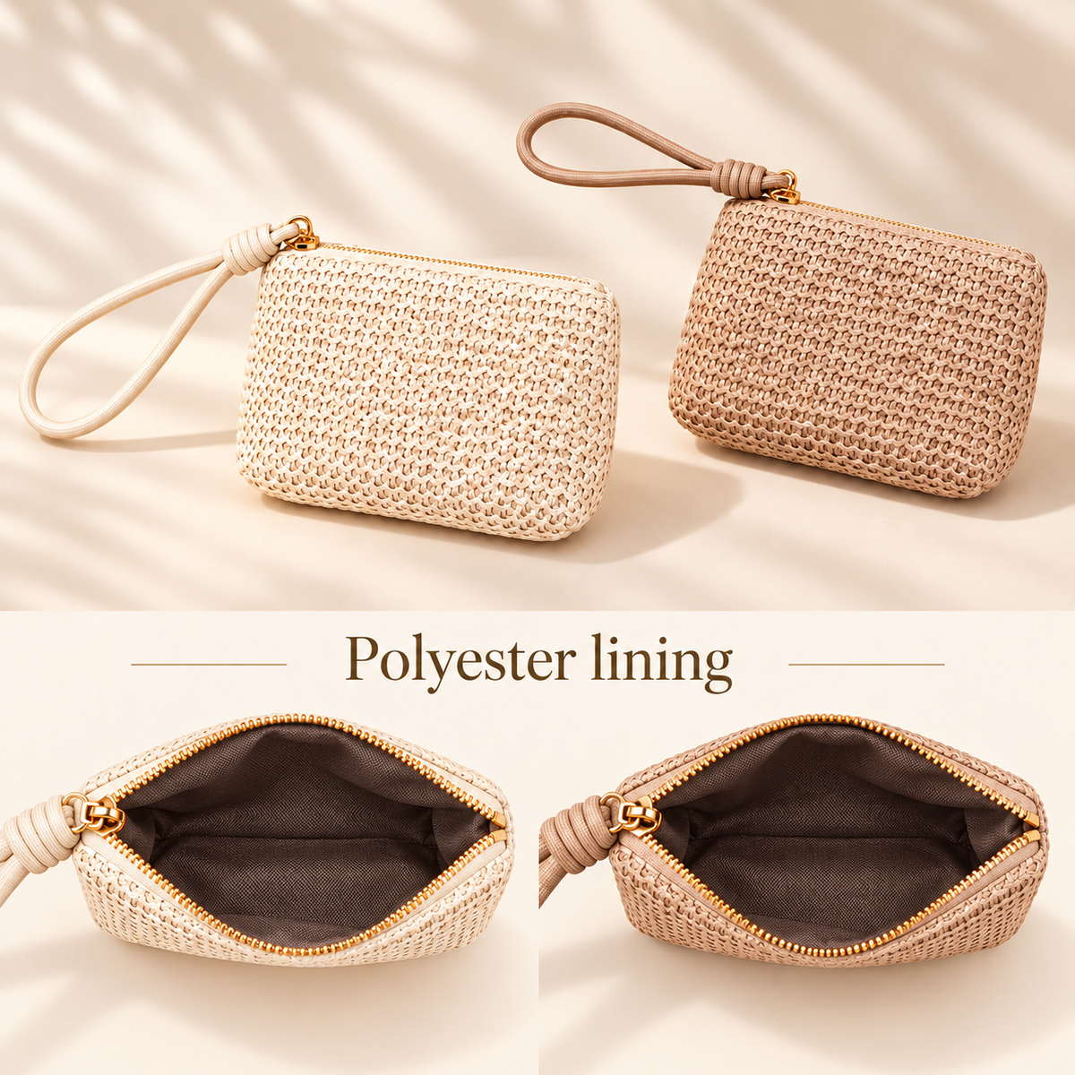White Twilight PH Everyday Braided Wristlet Coin Purse, Zipper Pouch with Wrist Strap and Polyester Lining, Small Key and Card Holder, 13 x 9 x 3 cm, Ivory or Taupe