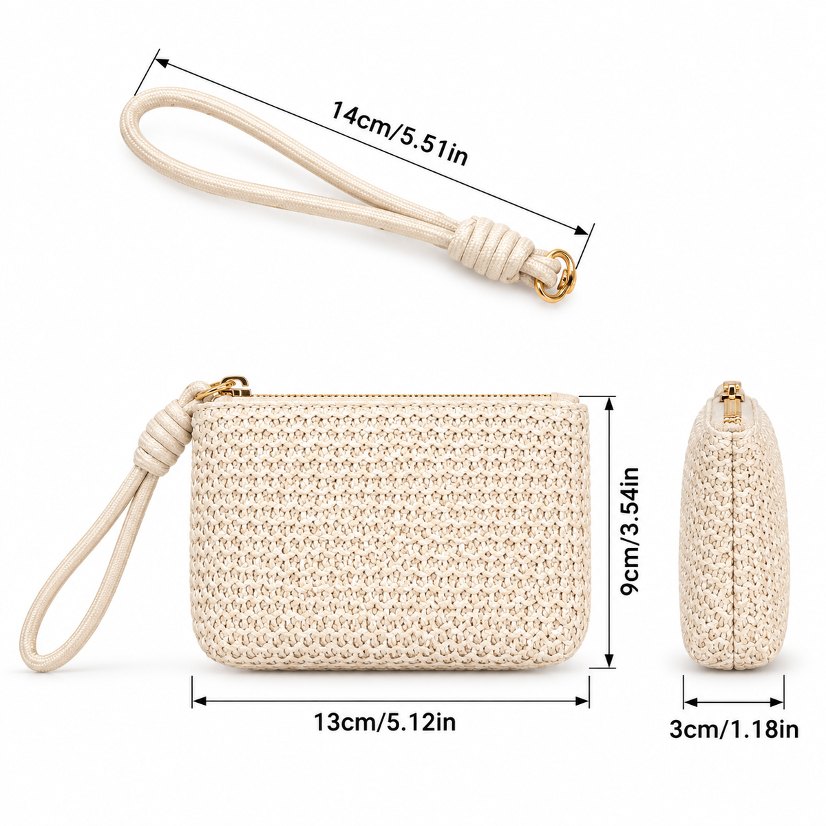White Twilight PH Everyday Braided Wristlet Coin Purse, Zipper Pouch with Wrist Strap and Polyester Lining, Small Key and Card Holder, 13 x 9 x 3 cm, Ivory or Taupe
