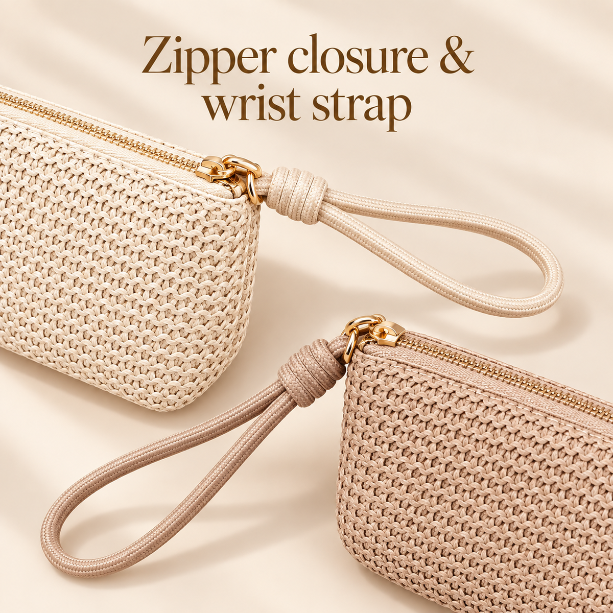 White Twilight PH Everyday Braided Wristlet Coin Purse, Zipper Pouch with Wrist Strap and Polyester Lining, Small Key and Card Holder, 13 x 9 x 3 cm, Ivory or Taupe