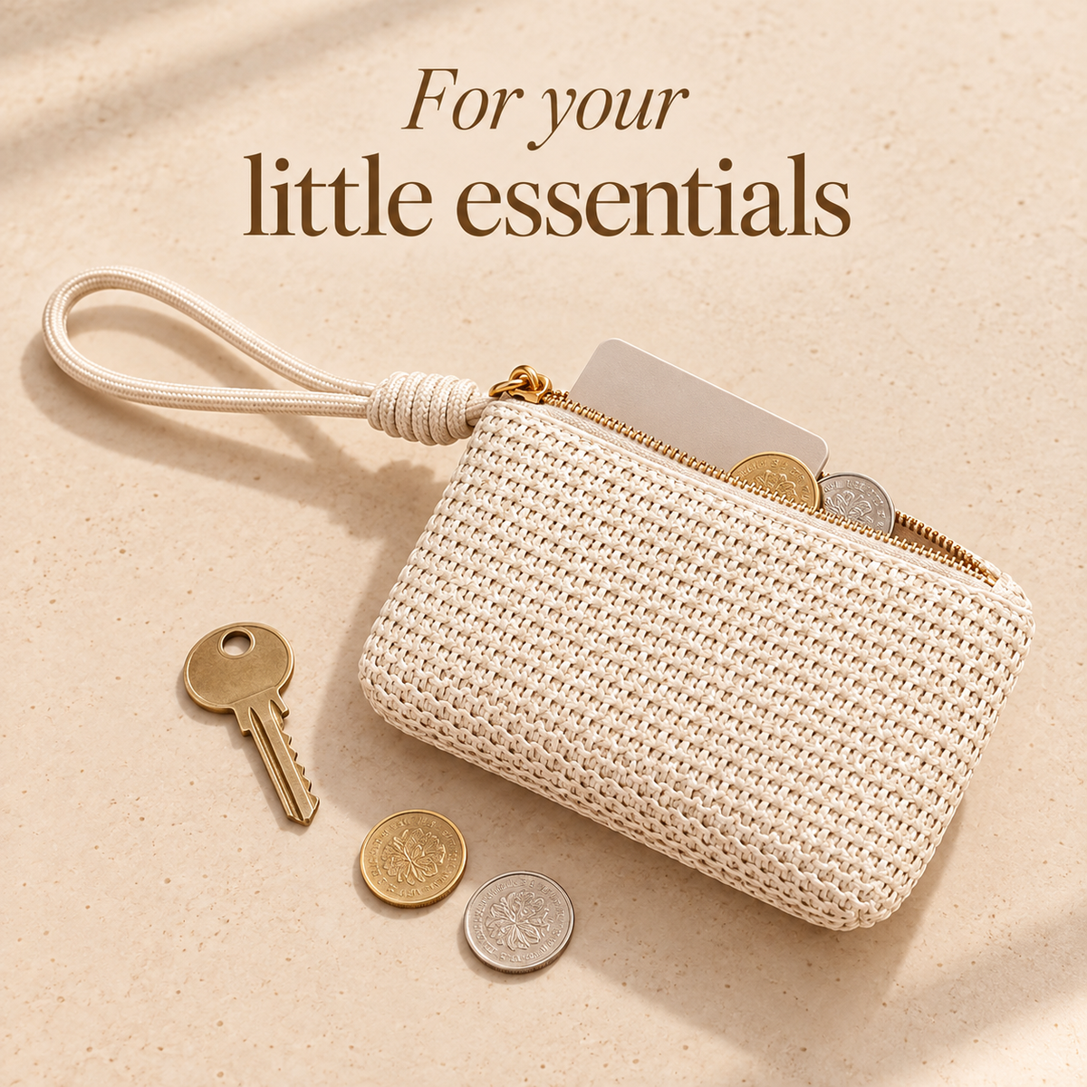White Twilight PH Everyday Braided Wristlet Coin Purse, Zipper Pouch with Wrist Strap and Polyester Lining, Small Key and Card Holder, 13 x 9 x 3 cm, Ivory or Taupe