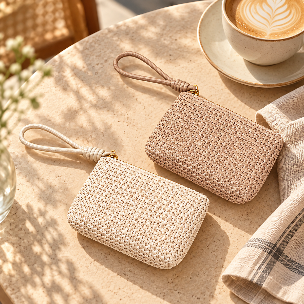 White Twilight PH Everyday Braided Wristlet Coin Purse, Zipper Pouch with Wrist Strap and Polyester Lining, Small Key and Card Holder, 13 x 9 x 3 cm, Ivory or Taupe