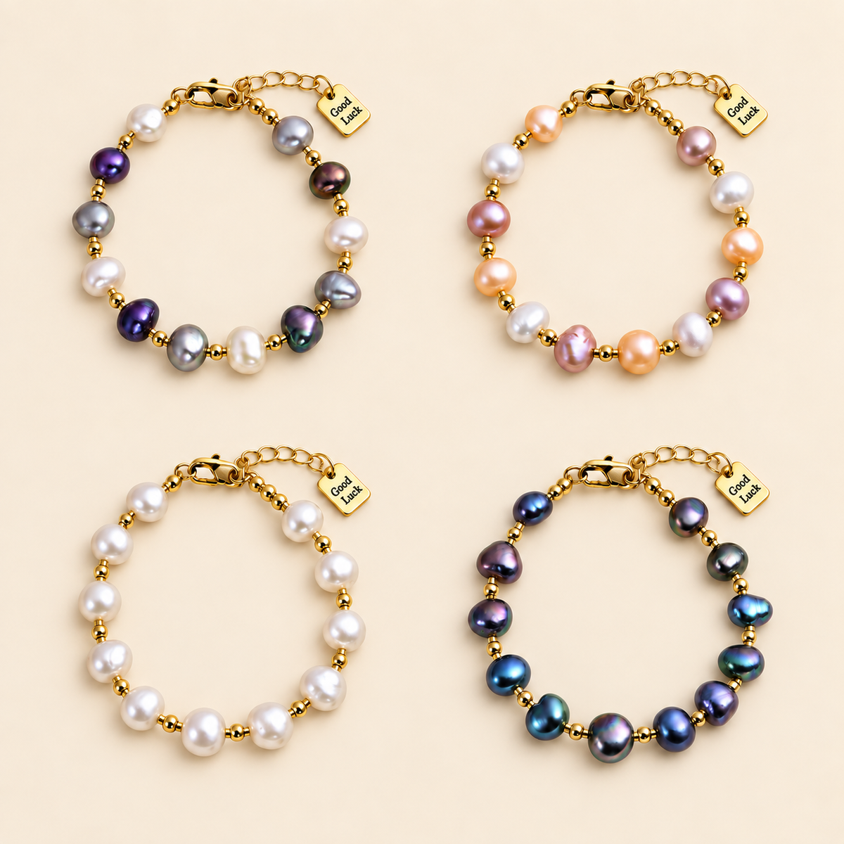 White Twilight PH Good Luck Collection | Irregular Pearl Bracelet with Gold-Tone Accents & Good Luck Charm