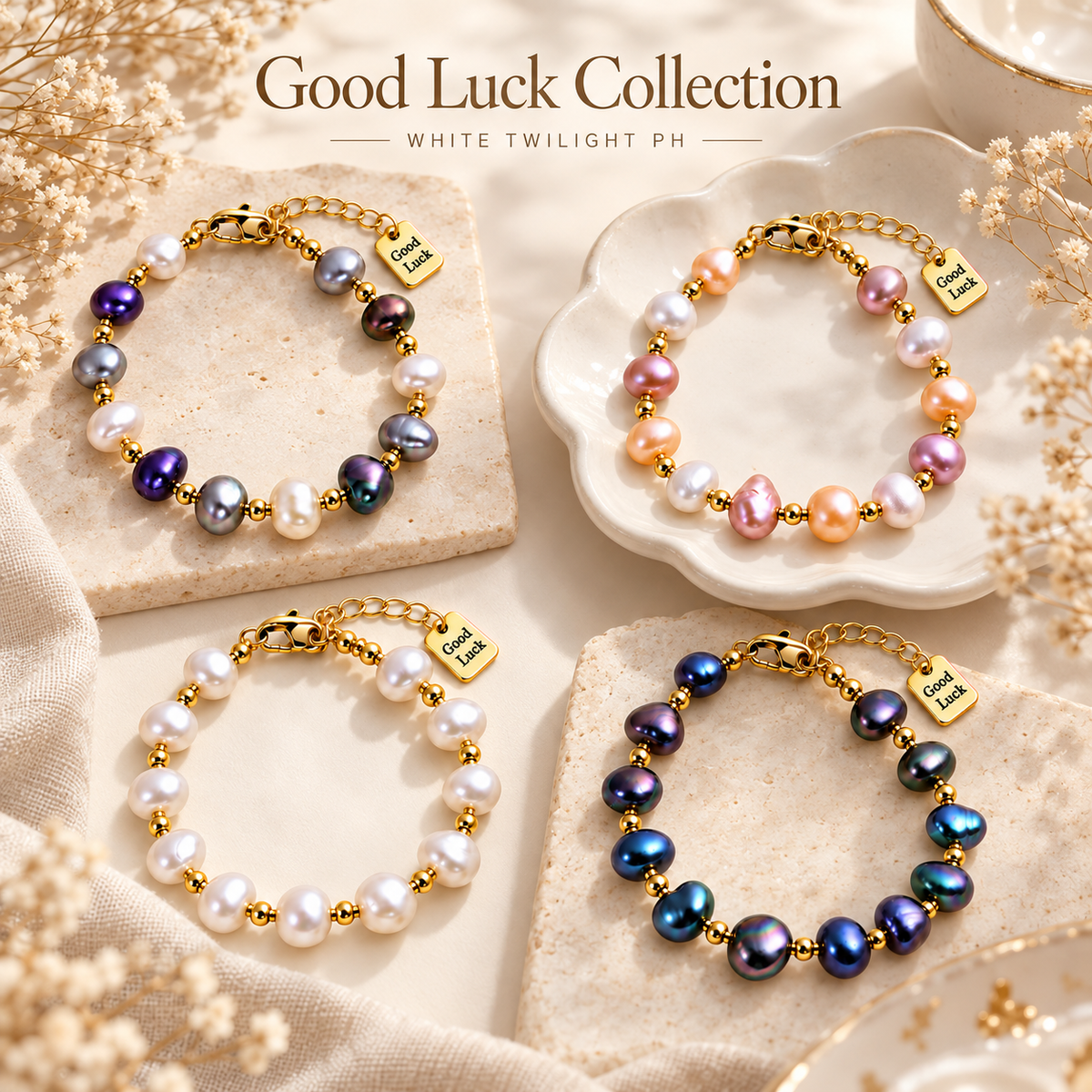 White Twilight PH Good Luck Collection | Irregular Pearl Bracelet with Gold-Tone Accents & Good Luck Charm