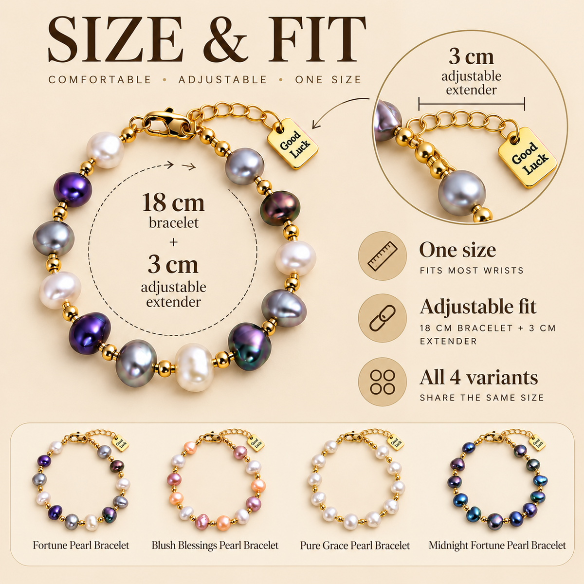 White Twilight PH Good Luck Collection | Irregular Pearl Bracelet with Gold-Tone Accents & Good Luck Charm