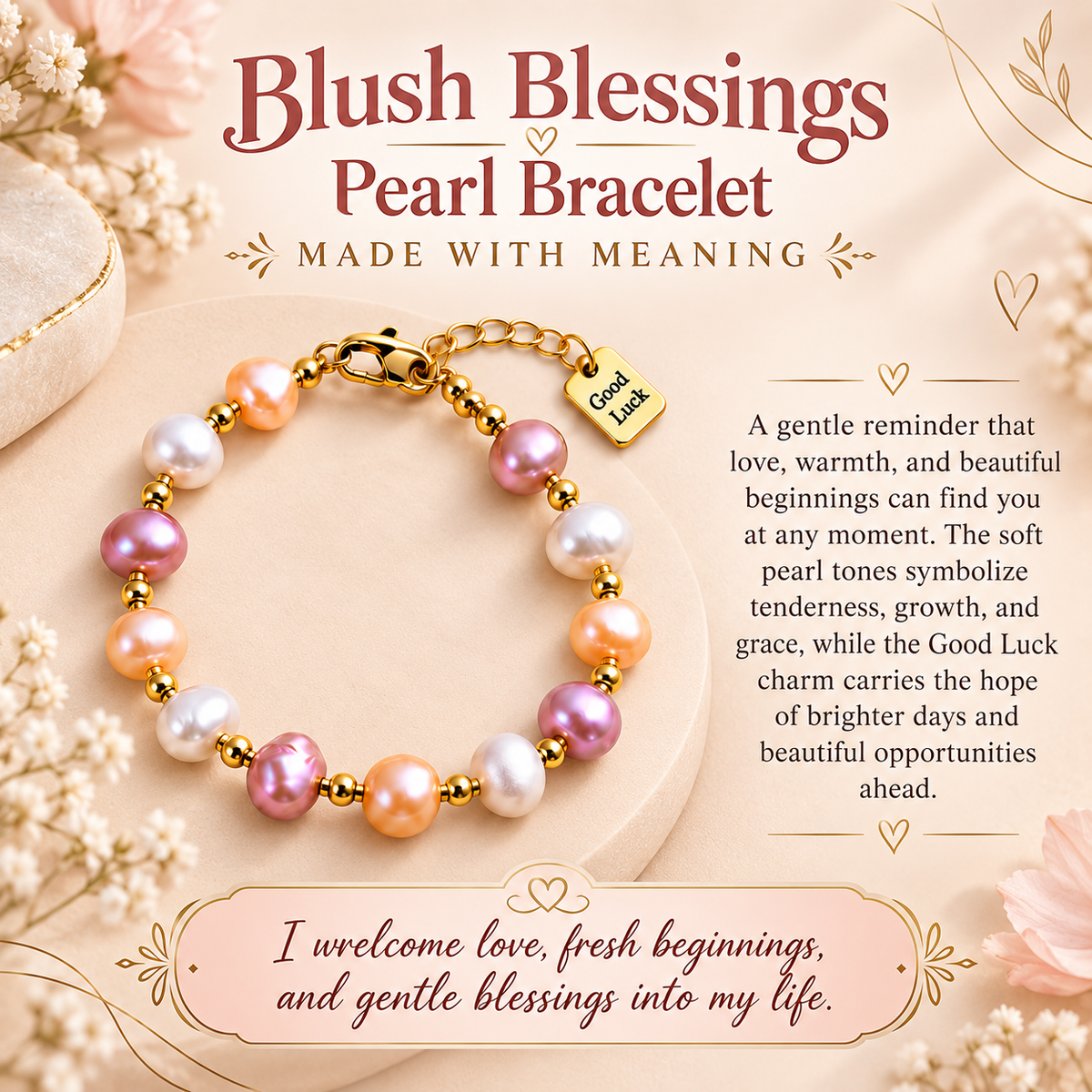 White Twilight PH Good Luck Collection | Irregular Pearl Bracelet with Gold-Tone Accents & Good Luck Charm