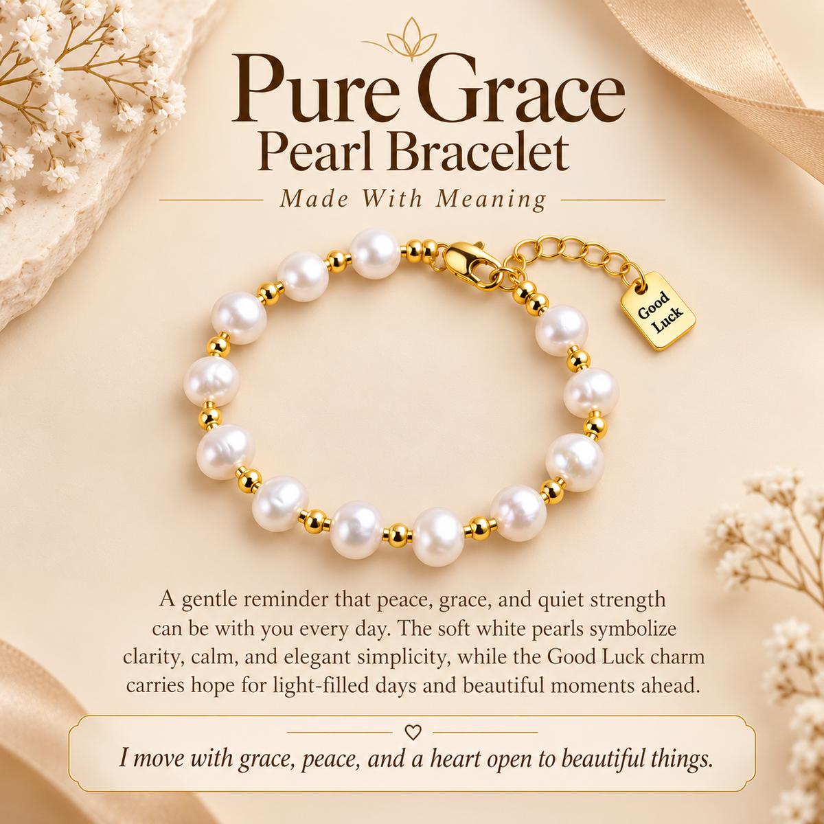 White Twilight PH Good Luck Collection | Irregular Pearl Bracelet with Gold-Tone Accents & Good Luck Charm
