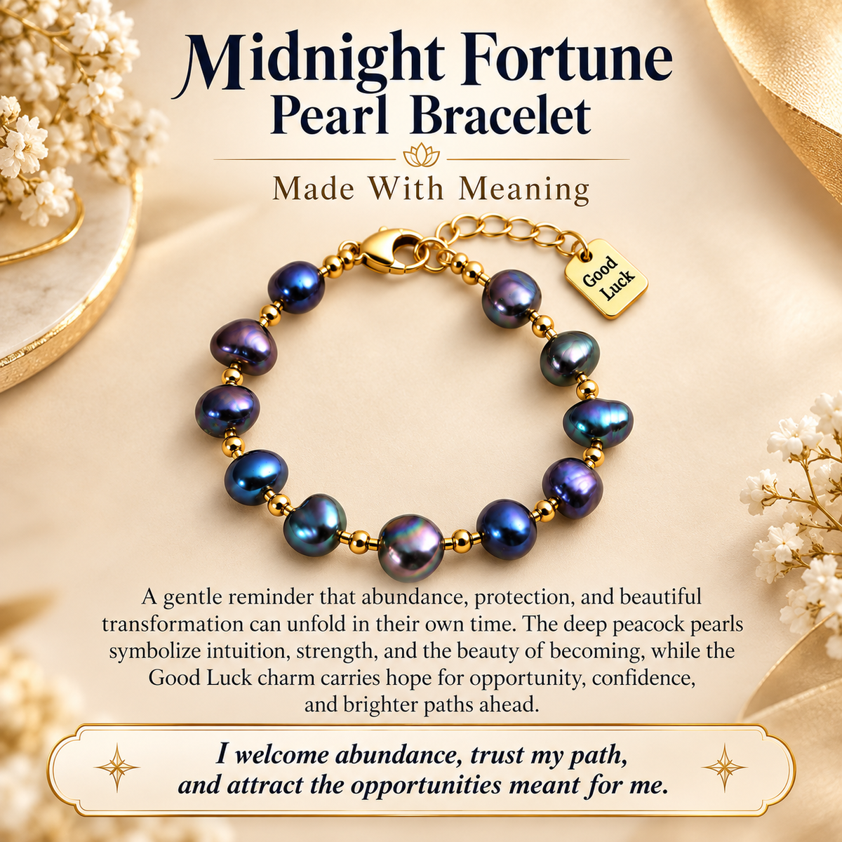 White Twilight PH Good Luck Collection | Irregular Pearl Bracelet with Gold-Tone Accents & Good Luck Charm