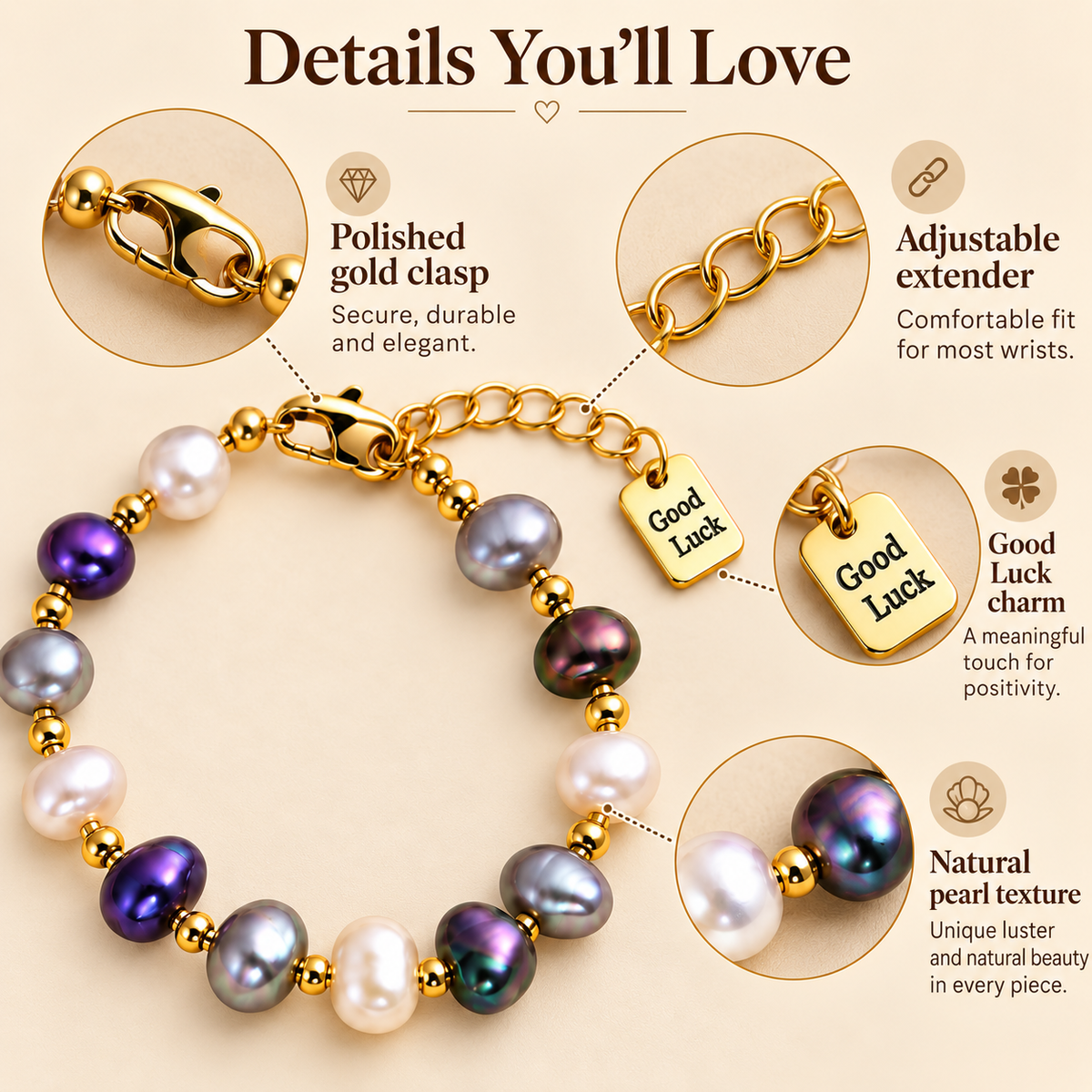 White Twilight PH Good Luck Collection | Irregular Pearl Bracelet with Gold-Tone Accents & Good Luck Charm