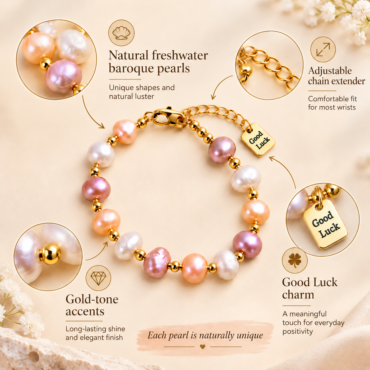 White Twilight PH Good Luck Collection | Irregular Pearl Bracelet with Gold-Tone Accents & Good Luck Charm