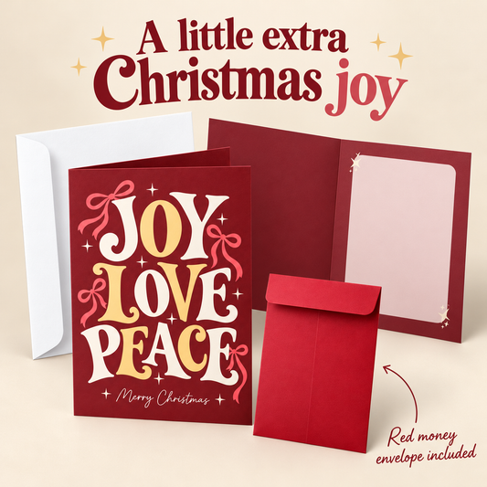 White Twilight PH Christmas Greeting Card with White Envelope and Red Money Envelope, Joy Love Peace Design, Blank Message Space, 4.13 x 5.83 Inches, 1 Set