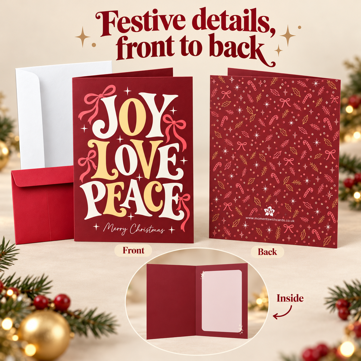 White Twilight PH Christmas Greeting Card with White Envelope and Red Money Envelope, Joy Love Peace Design, Blank Message Space, 4.13 x 5.83 Inches, 1 Set