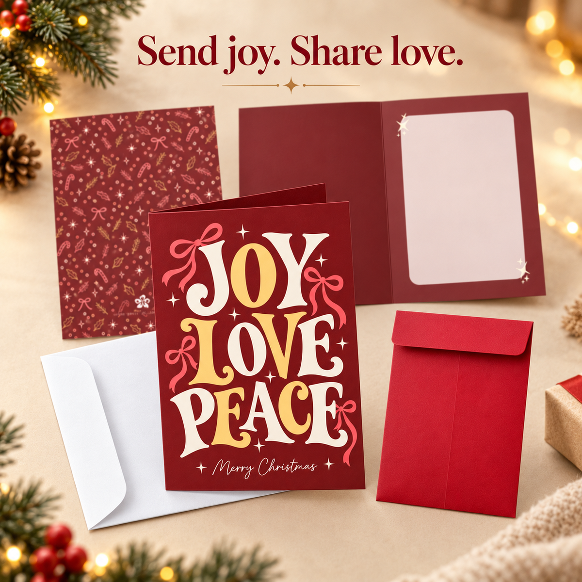 White Twilight PH Christmas Greeting Card with White Envelope and Red Money Envelope, Joy Love Peace Design, Blank Message Space, 4.13 x 5.83 Inches, 1 Set