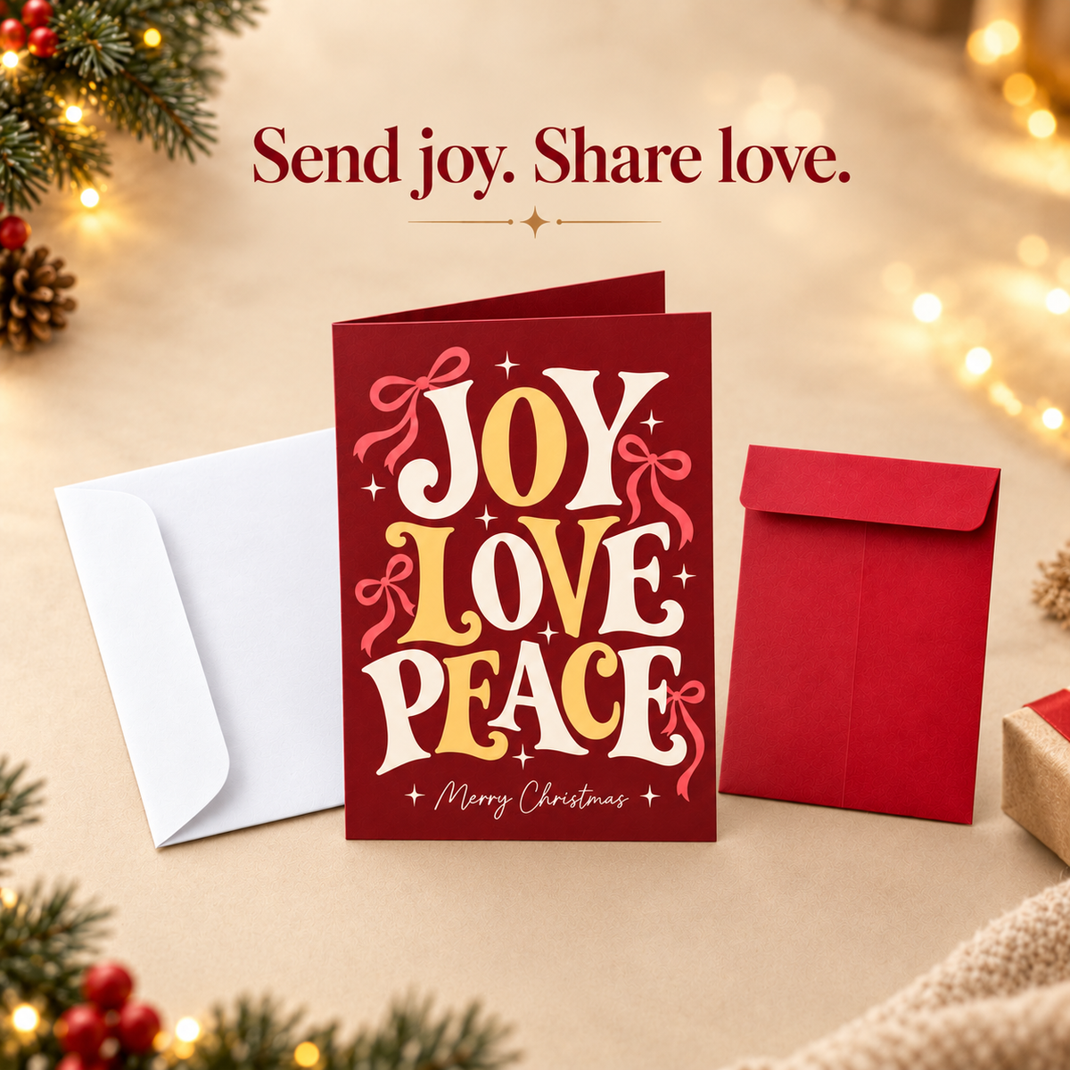 White Twilight PH Christmas Greeting Card with White Envelope and Red Money Envelope, Joy Love Peace Design, Blank Message Space, 4.13 x 5.83 Inches, 1 Set