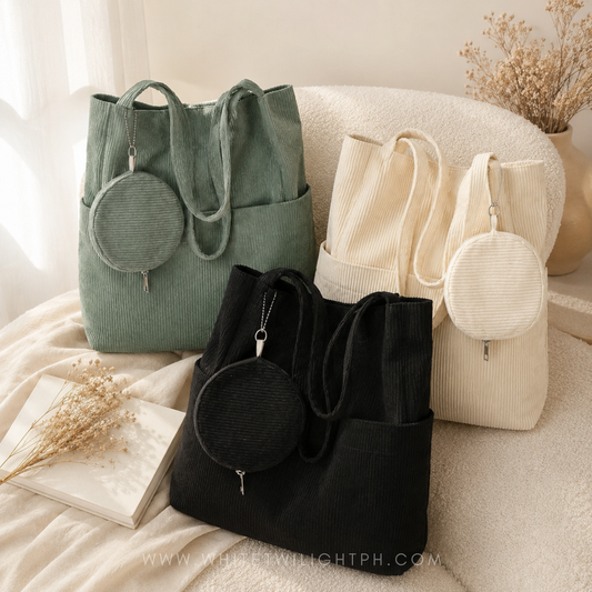 WTP Corduroy Tote Bag with Mini Pouch, Soft Shoulder Bag for Women, Casual Everyday Handbag with Side Pockets, Aesthetic Tote for School, Work, Travel, Shopping, Black Cream Sage Green