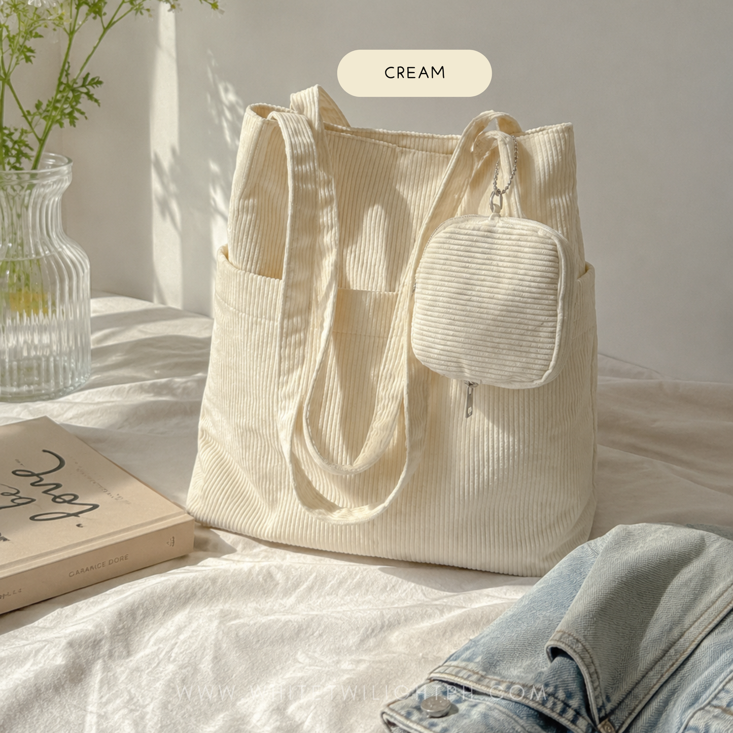 WTP Corduroy Tote Bag with Mini Pouch, Soft Shoulder Bag for Women, Casual Everyday Handbag with Side Pockets, Aesthetic Tote for School, Work, Travel, Shopping, Black Cream Sage Green