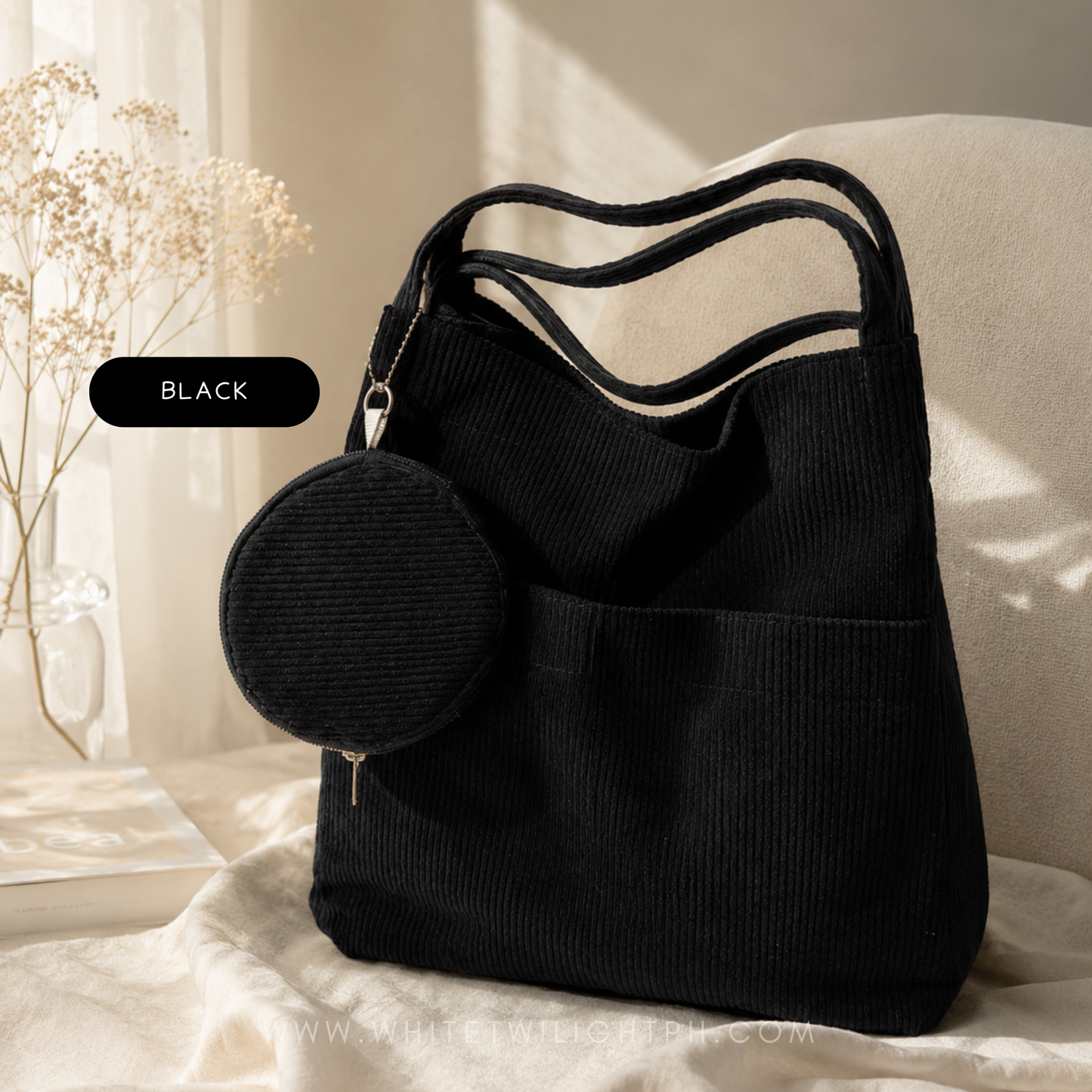 WTP Corduroy Tote Bag with Mini Pouch, Soft Shoulder Bag for Women, Casual Everyday Handbag with Side Pockets, Aesthetic Tote for School, Work, Travel, Shopping, Black Cream Sage Green