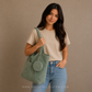 WTP Corduroy Tote Bag with Mini Pouch, Soft Shoulder Bag for Women, Casual Everyday Handbag with Side Pockets, Aesthetic Tote for School, Work, Travel, Shopping, Black Cream Sage Green
