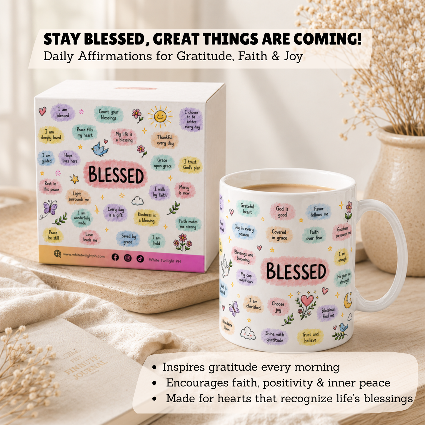 WTP Blessed Daily Affirmation Mug, 11 oz | Faith, Gratitude, Positivity & Encouragement Gift Ceramic Mug, 110z