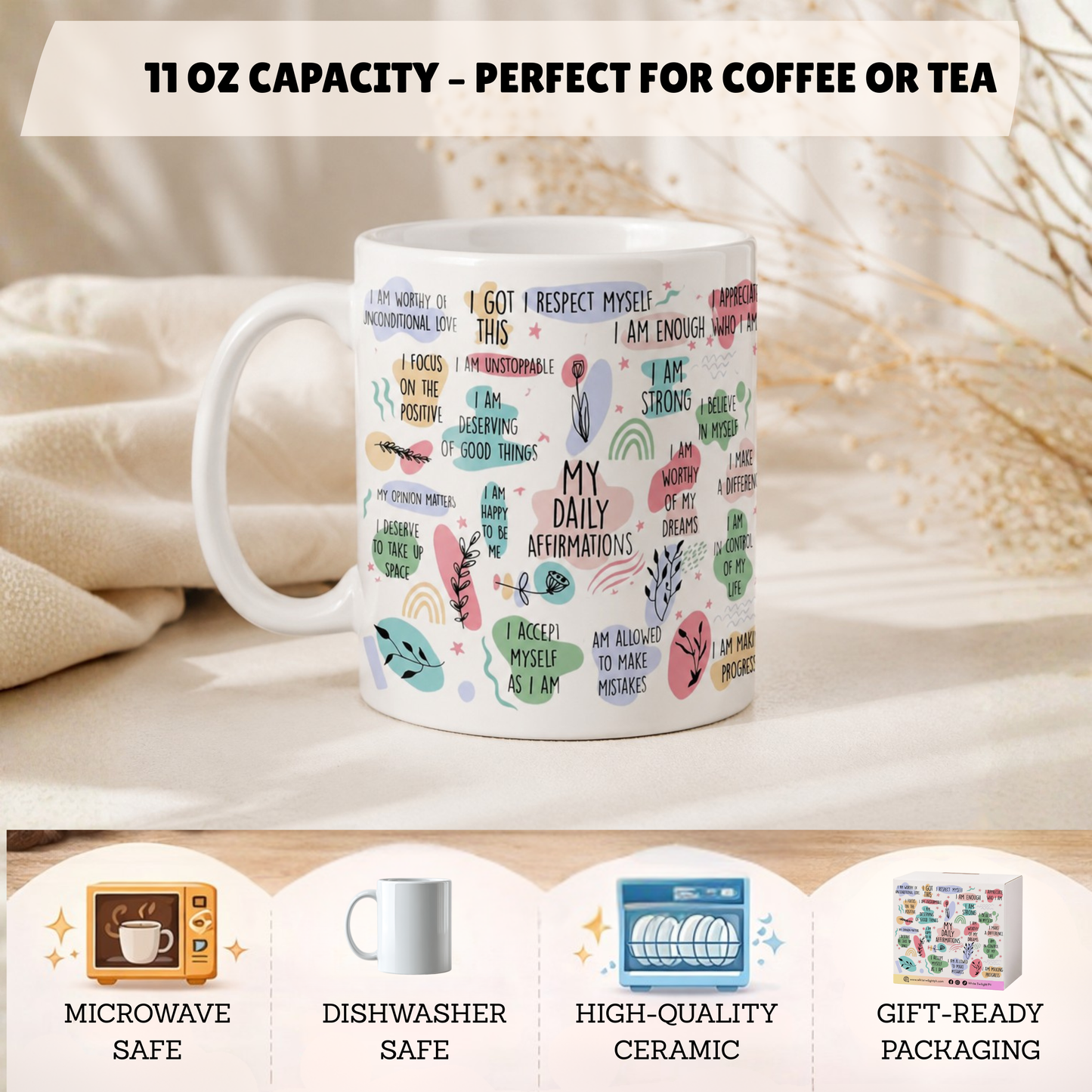 WTP My Daily Affirmation Mug, 11 oz | Aesthetic, Self Care, Motivational, Positivity Gift Mug, Design 1