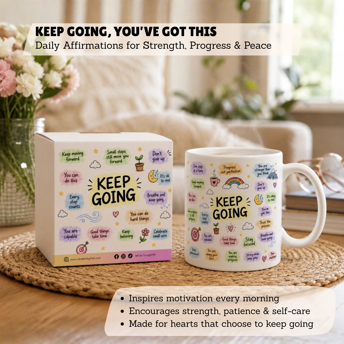 WTP Keep Going Affirmation Mug, 11 oz | Aesthetic Self-Care, Motivational Coffee Mug, Positivity Gift for Everyone