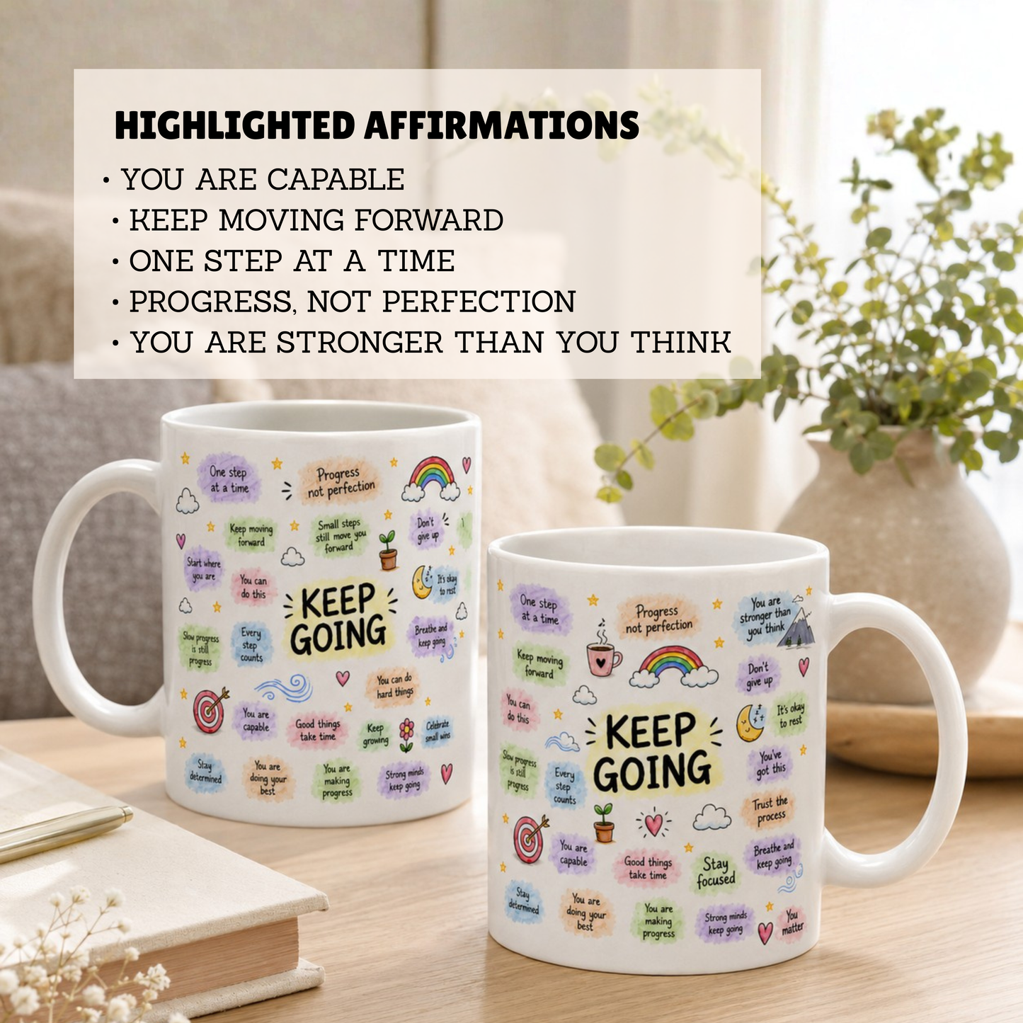 WTP Keep Going Affirmation Mug, 11 oz | Aesthetic Self-Care, Motivational Coffee Mug, Positivity Gift for Everyone